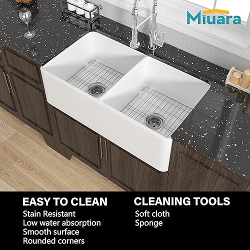 Miniatura 5 de Miuara Fregadero de granja negro de 33 pulgadas, 5050, fregadero de granja con doble cuenco de arcilla refractaria, fregadero de cocina empotrado,