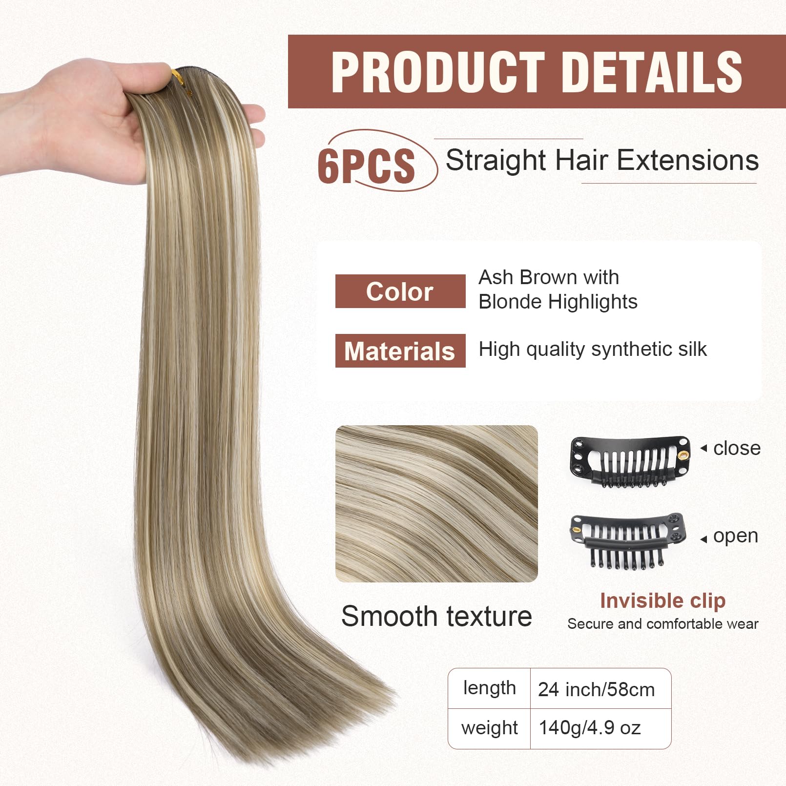 FLUFYMOOZ 6PC Clip in Hair Extensions 24" Straight Long Extensions for Women Synthetic Hairpiece (Ash Brown with Blonde Highlights) - Image 2