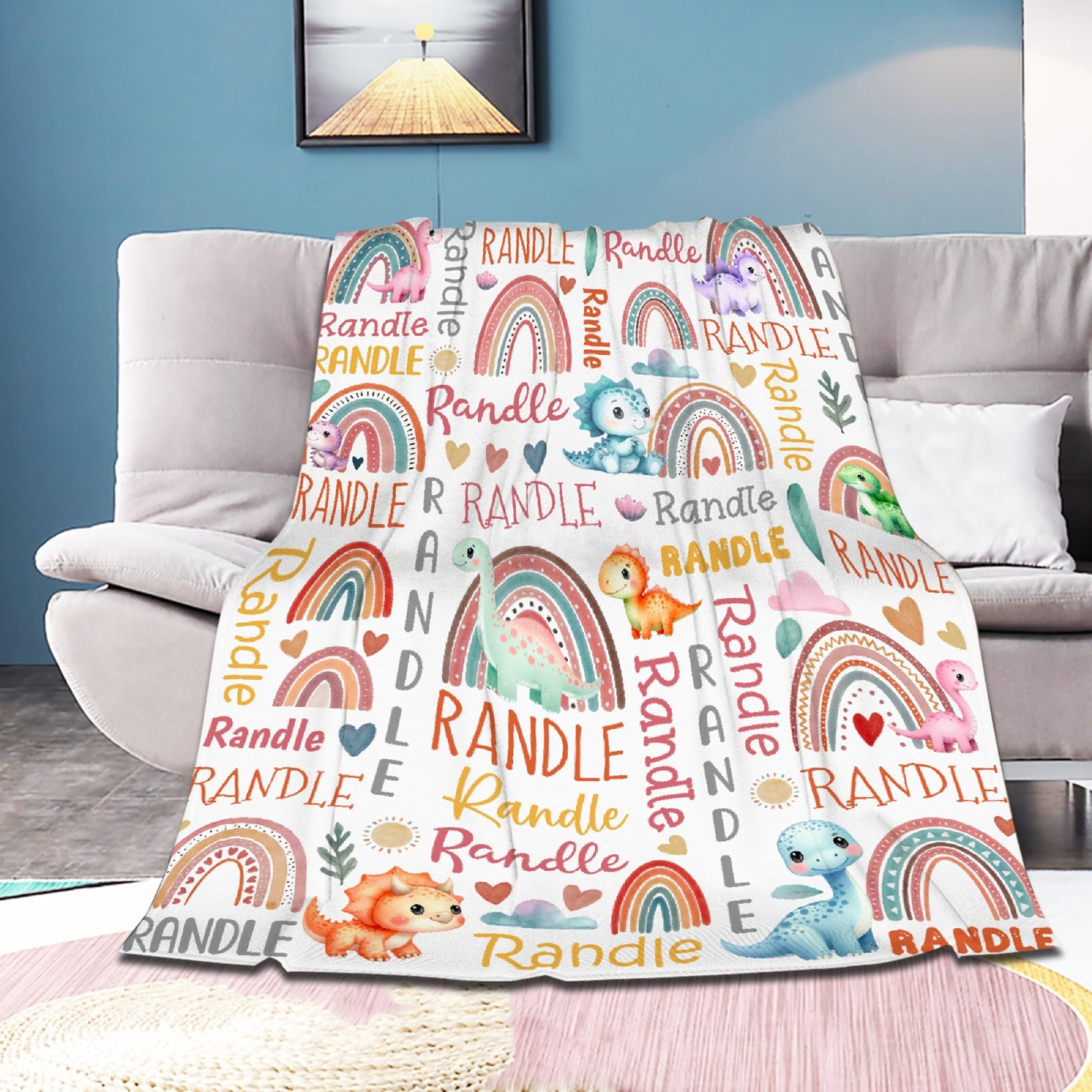 Personalized Dinosaurs Rainbow Blanket Gift,Custom Dinosaur Blanket