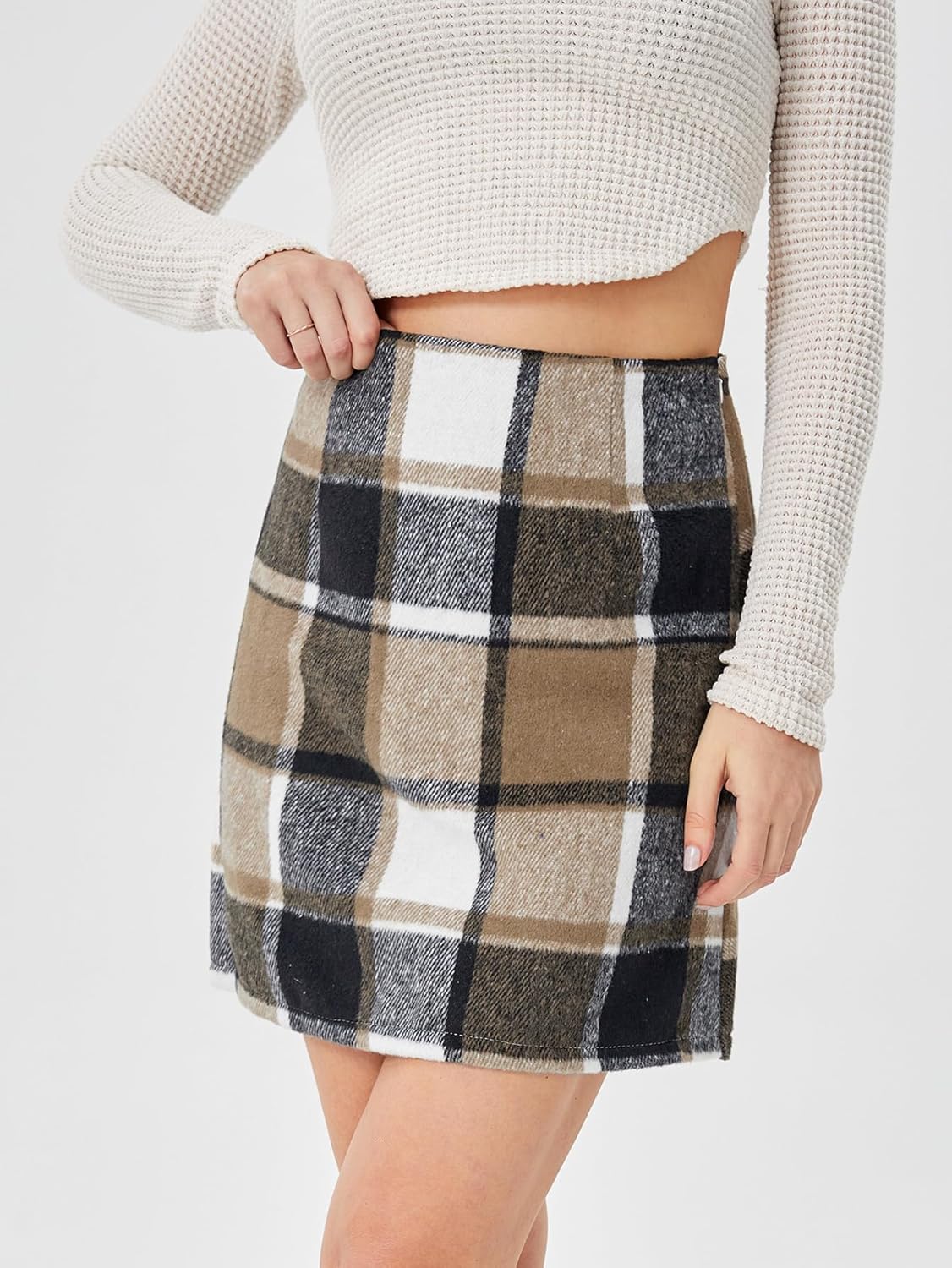 Scacto Women's Casual High Waist Plaid Skirt Bodycon Pencil Wool Mini Skirts - Image 4