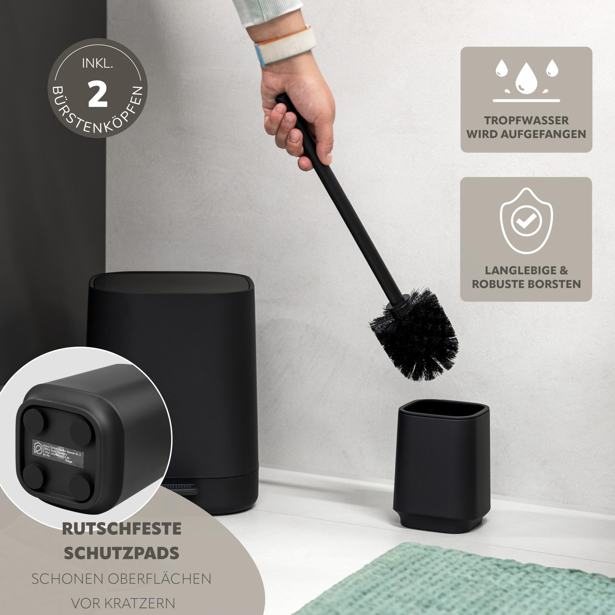 eluno Badezimmer-Set VALONA mit Soft-Touch Oberfläche, Bad-Accessoires Set 5tlg., Seifenspender, Becher, Schale, Kosmetikeimer und WC-Garnitur ideal für Bad und Gäste-WC aus Kuntstoff (Schwarz)