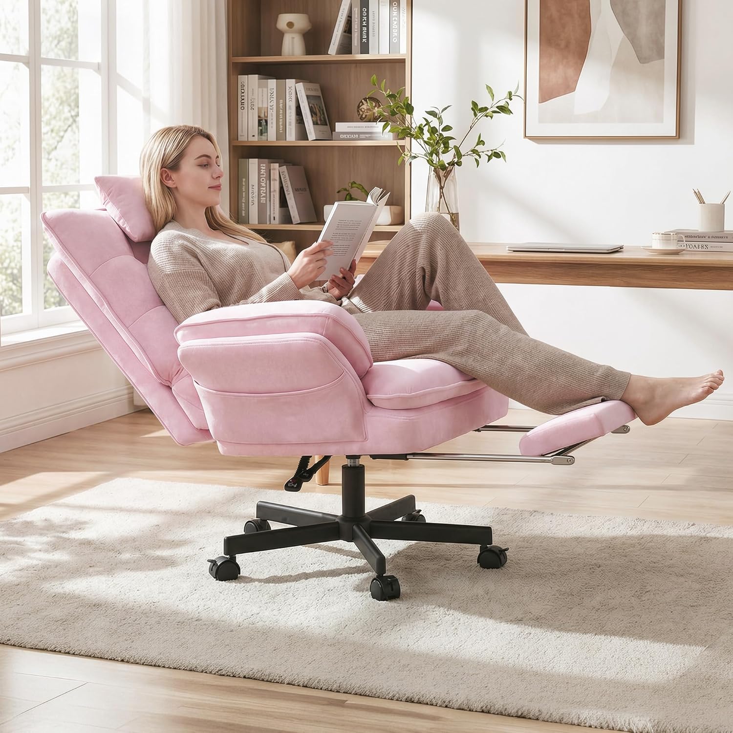 Criss Cross Office Chair with Flip-Up Armrests and Headrest, 135° Reclining Swivel Velvet Criss Cross Chair with Wheels & Foot Rest, Big and Tall Cloud Cross Legged Office Chair for Home, Pink
