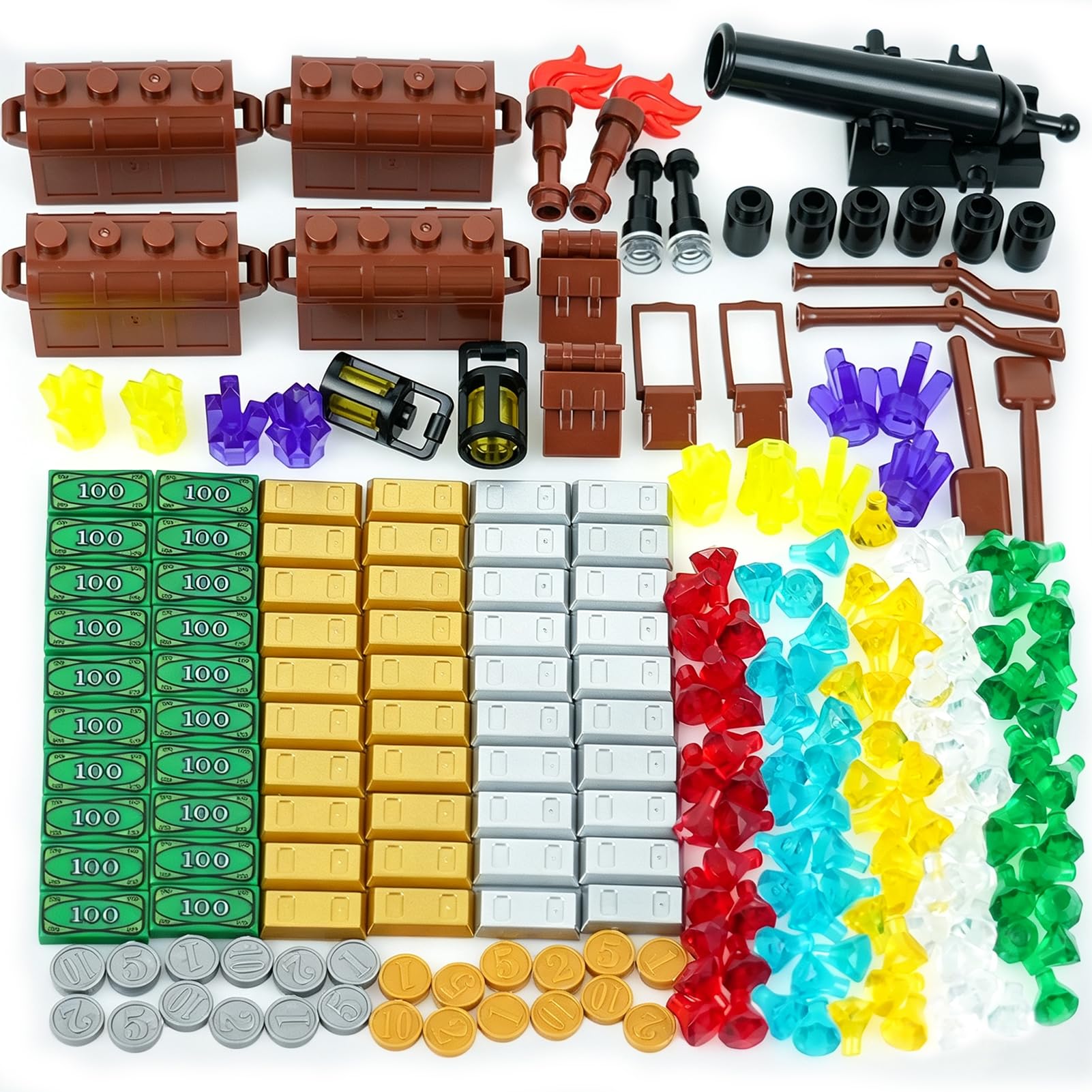 Pirates Treasure Chest Money Dollars, Silver Golden Gems Crystals Bag Torch Cannon Bricks Accessories Pack, Building Blocks Toys