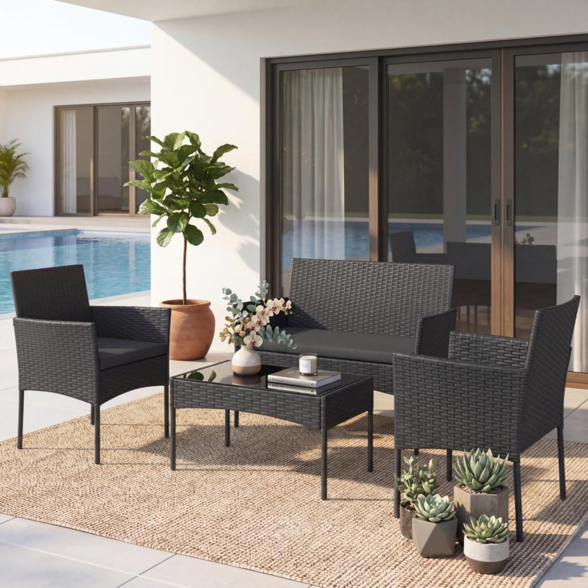 SOARS Salotto da Giardino 4 Pezzi, Set da Esterno in Rattan con 1 Divano 2 Posti, 2 Poltrone, 1 Tavolino in Vetro Temperato, Set Mobili da Giardino con Cuscini per Balcone, Terrazzo (Nero)