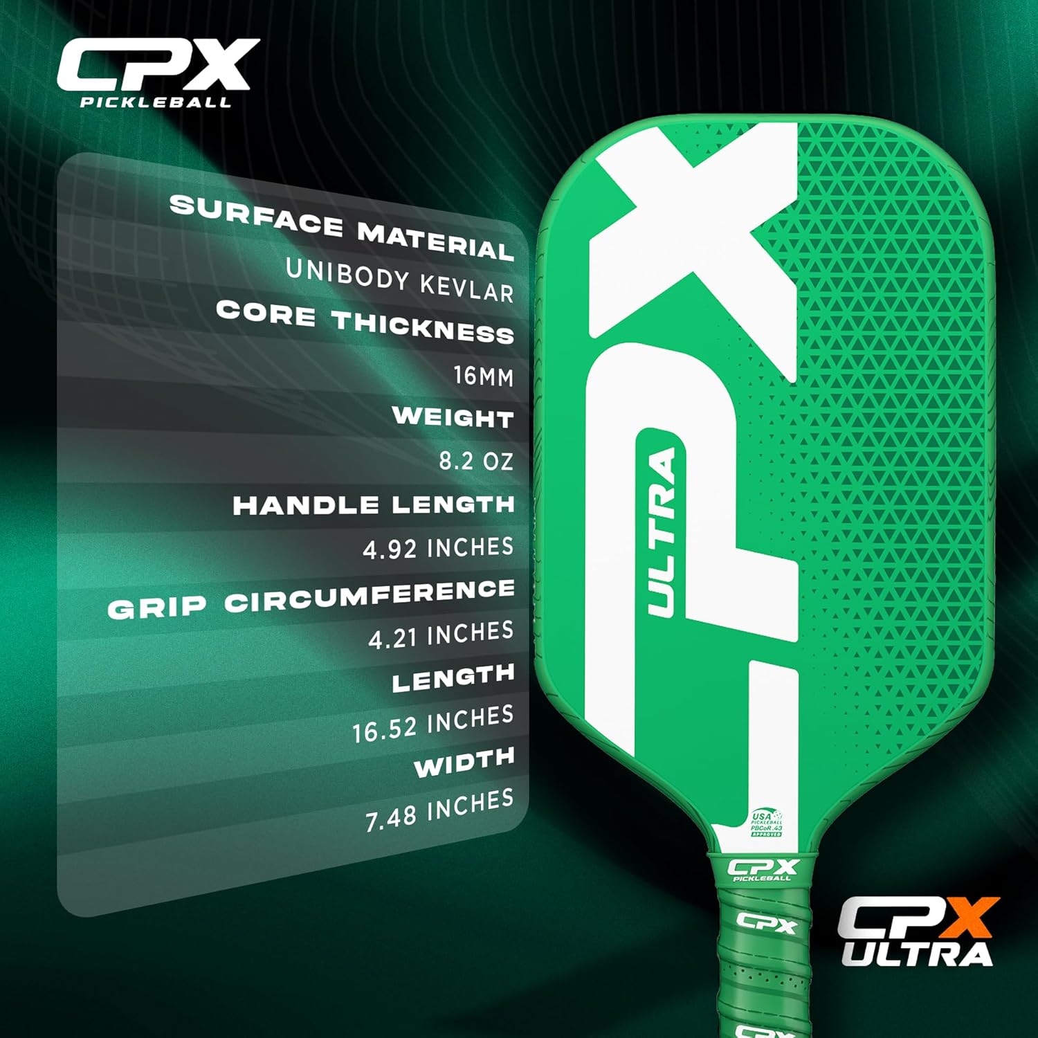 CPX Ultra Series Fiber-Reinforced Friction Surface Pickleball Paddle - 16mm Polypropylene Honeycomb Core, Lightweight for Speed - Image 2