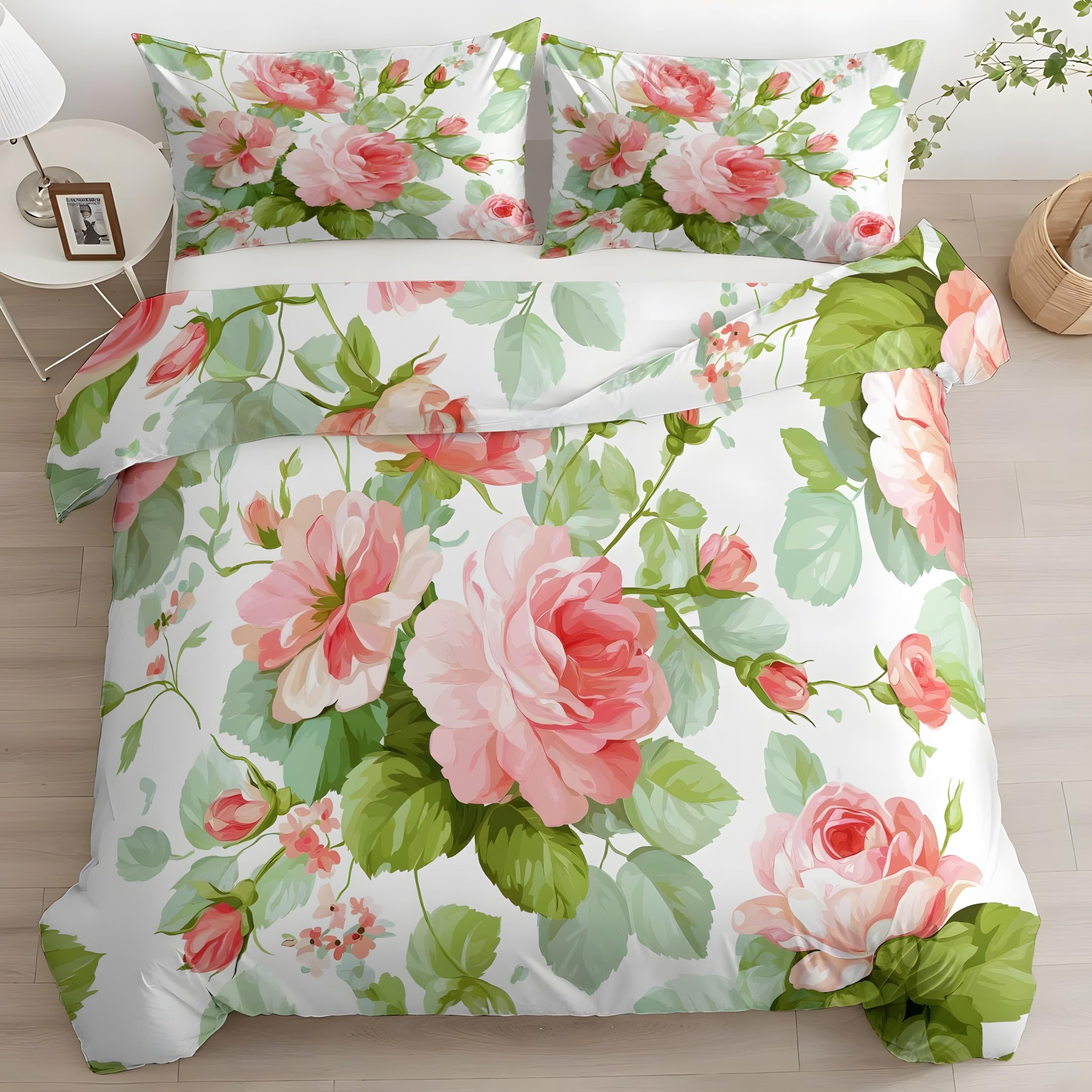 YZQGLHP Pink Roses Long Double Duvet Cover Set 200x220cm Green Leaves Soft Microfiber Bedding, Lightweight Quilt Cover with Zip Closure & 2 Pillowcases 50x75cm
