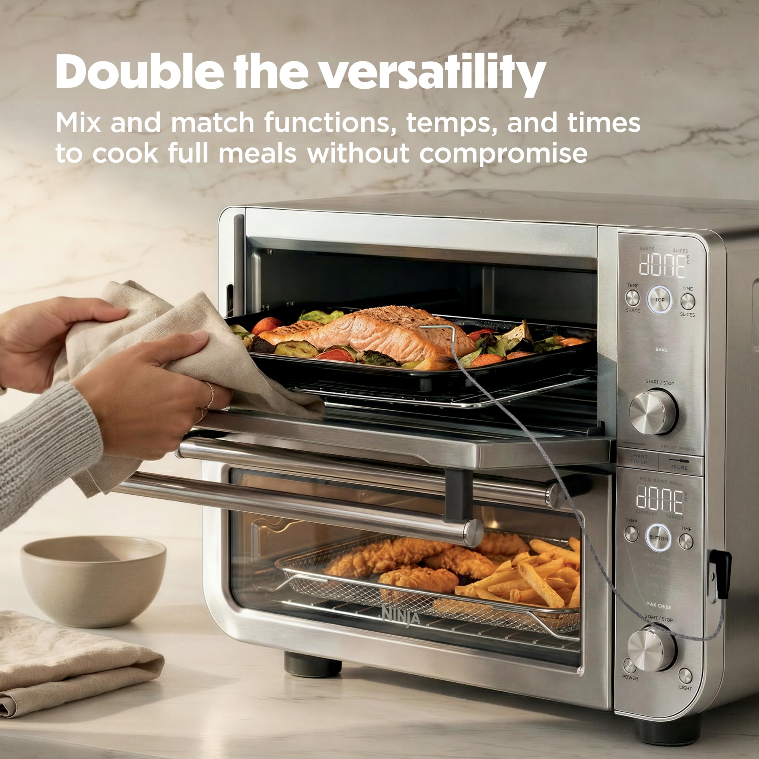 Ninja Double Oven Pro Smart XL - Forno e friggitrice ad aria con termometro | Versatilità 12 in 1 con lavorazione intelligente e tecnologia DualZone per cucinare contemporaneamente 2 pasti