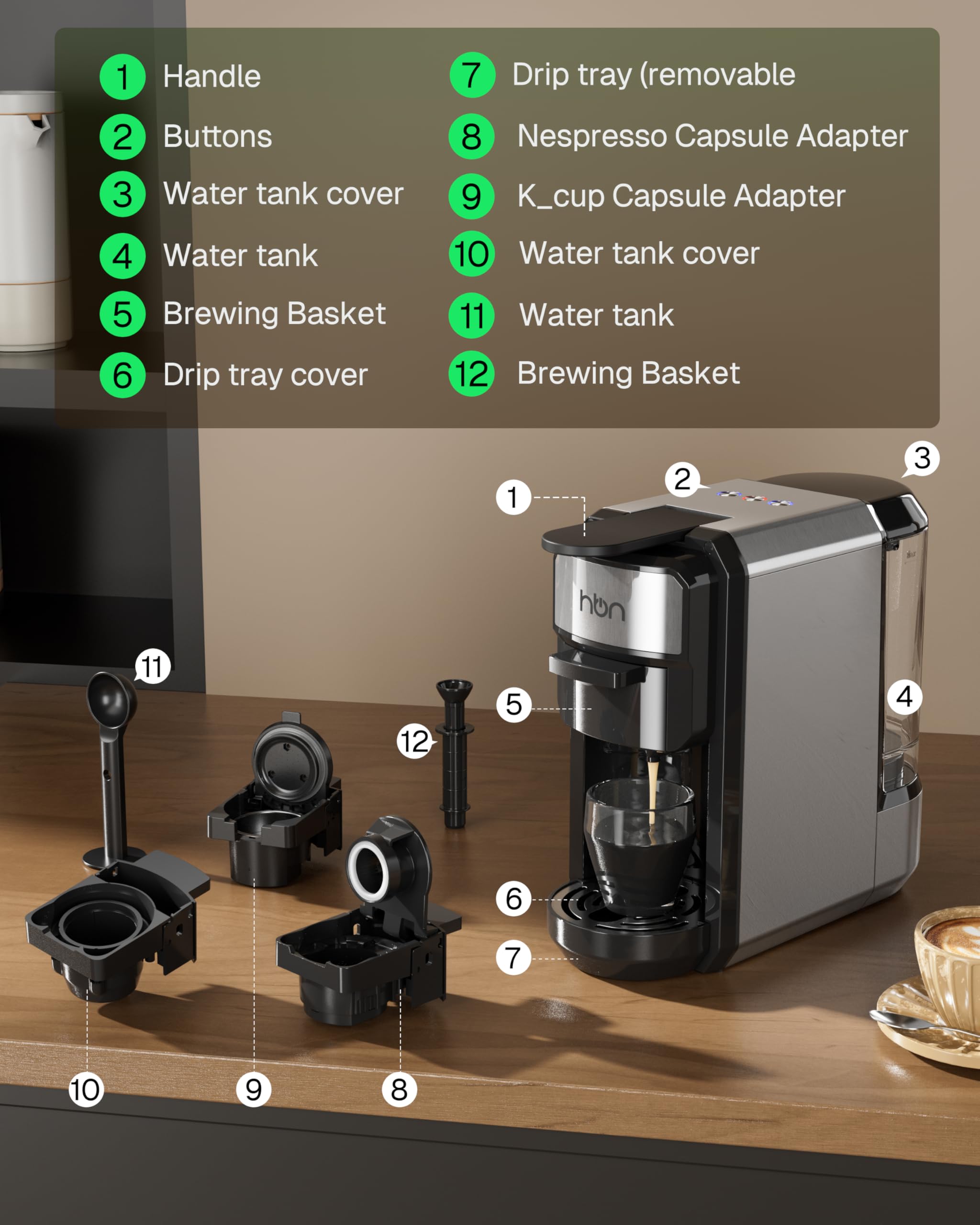 HBN 3 en 1 cafetera multicafetera de un solo servicio, para cápsulas K-Cup y café molido, máquina de elaboración programable de un solo toque, tanque de agua extraíble de 0,6 l, 19 bar, calor rápido