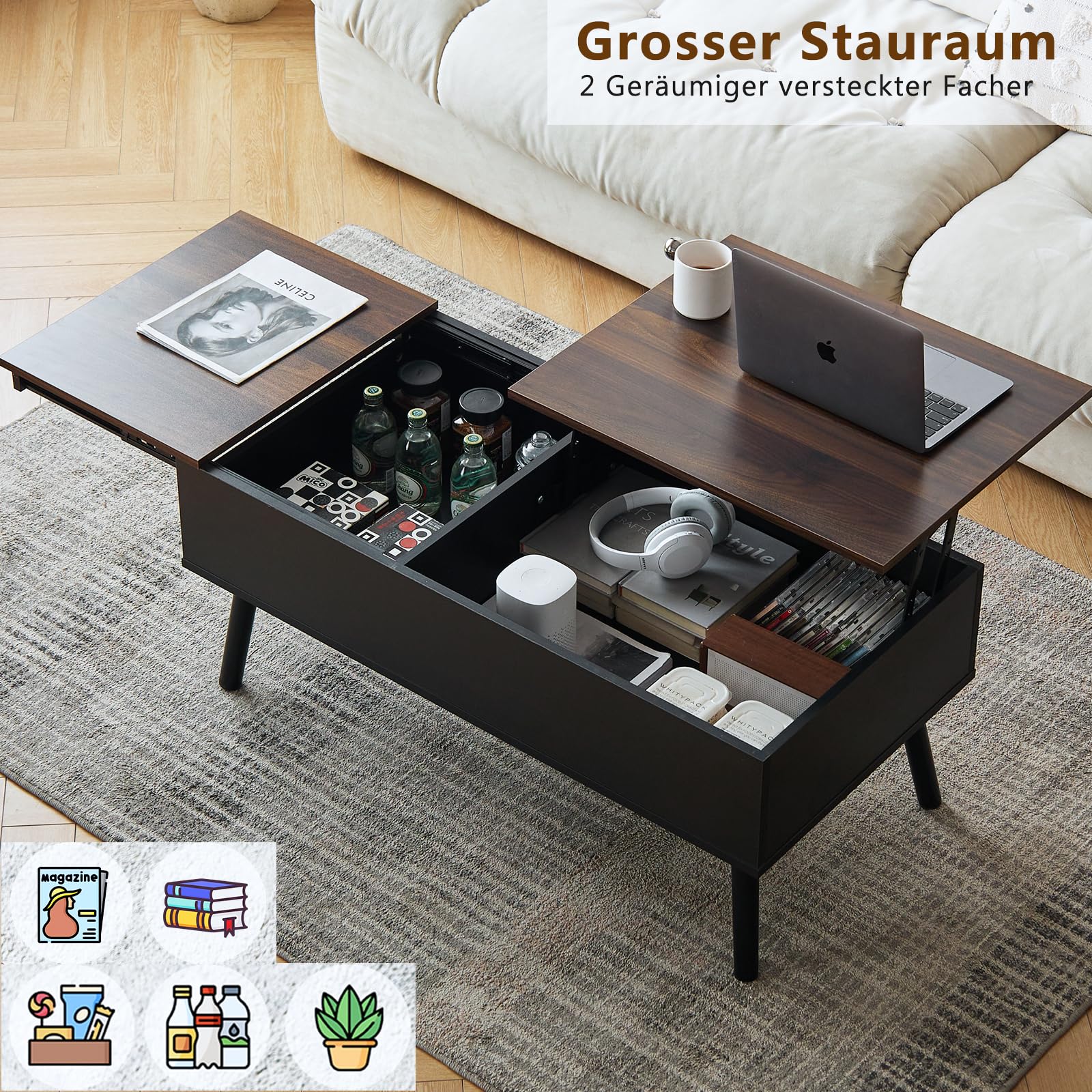 Couchtisch Höhenverstellbar mit Schiebeplatte, Couchtisch mit Stauraum, Modern Wohnzimmertisch mit 2 Großen Versteckten Ablagefächern, 100 x 50 x 43.5 cm (Braun)