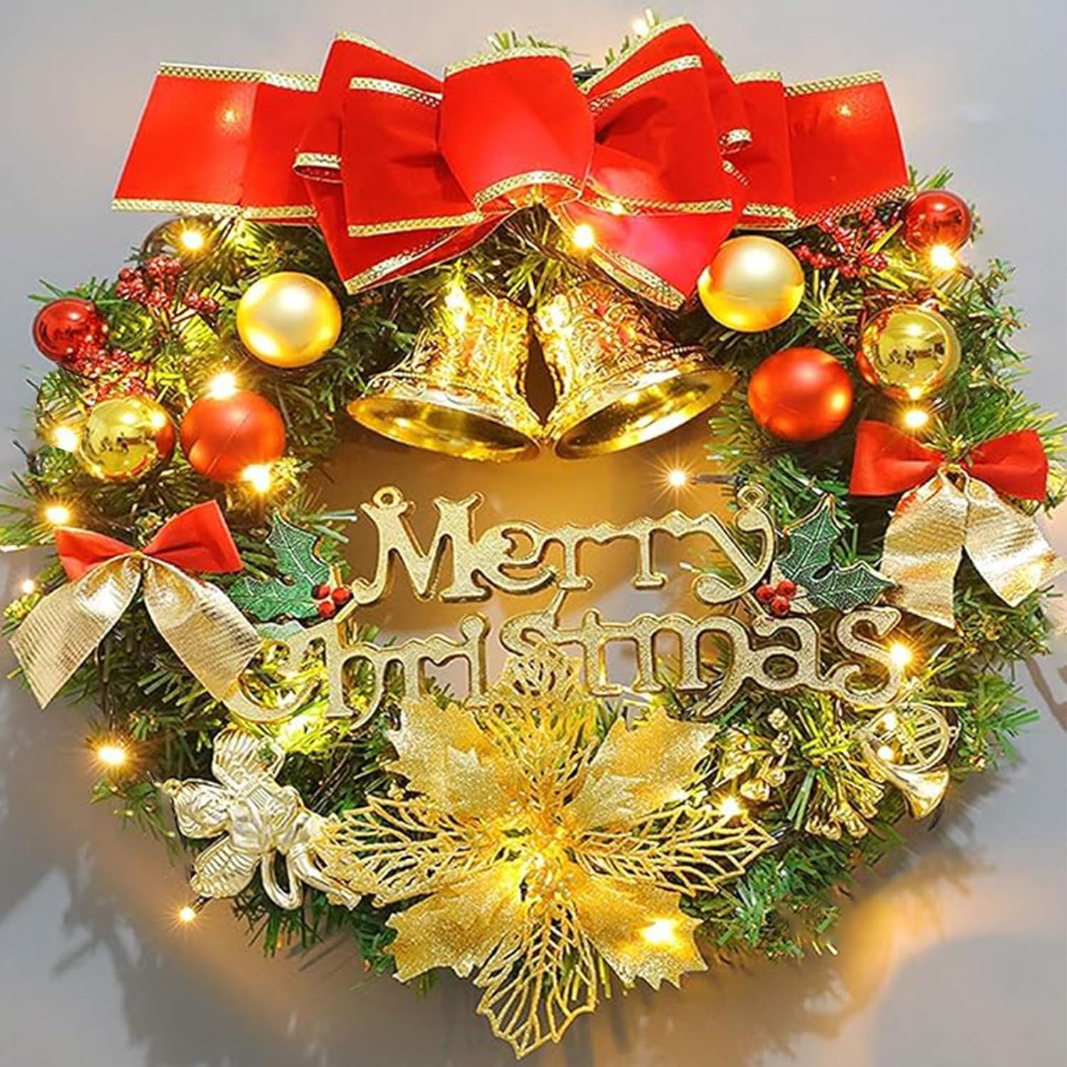 Merry Christmas Wreath for Front Door, 15.7 Inch Artificial Xmas Garland Decorations, Christmas Ornament Gifts for Indoor Outdoor Gate Wall Windows Home Festival Party Decor