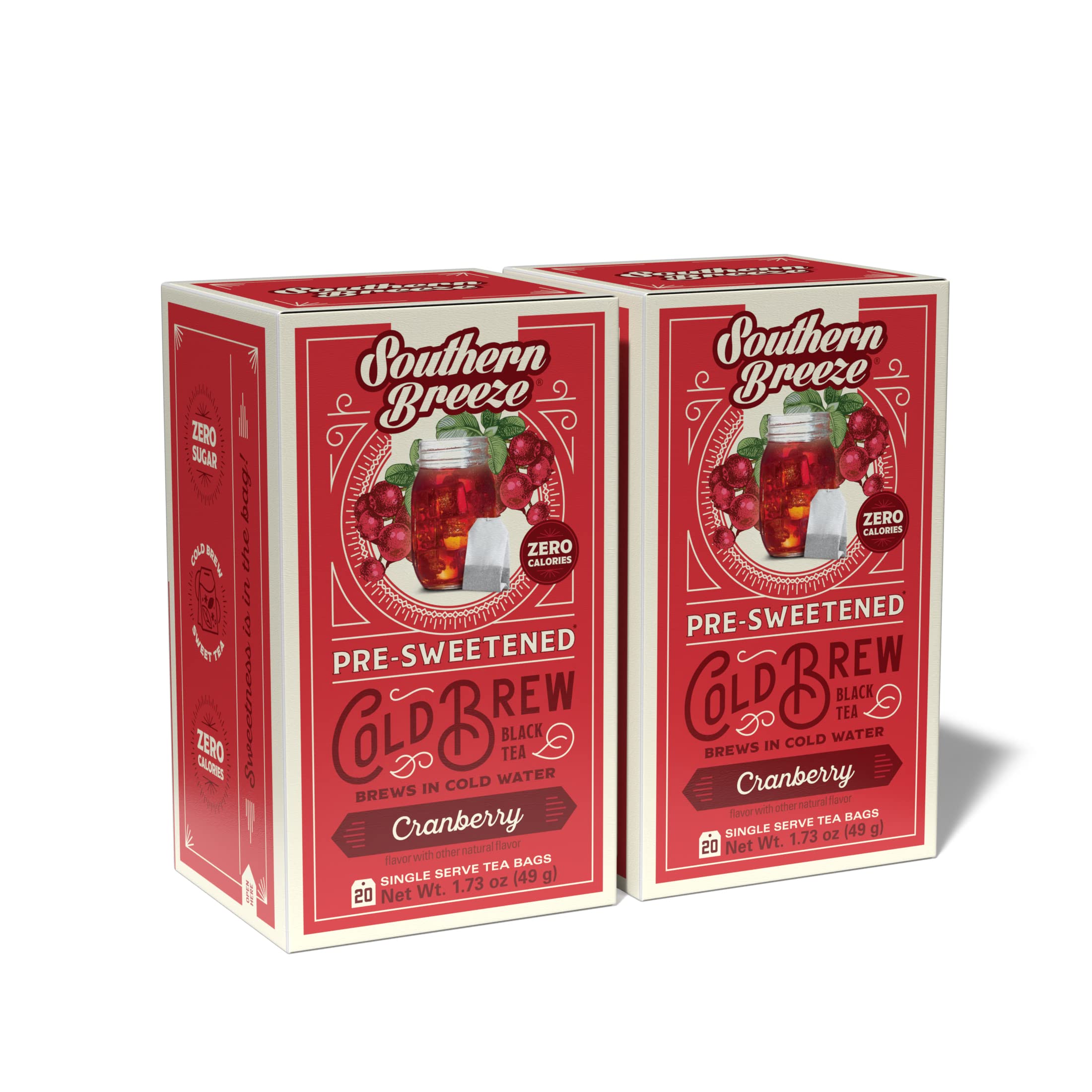 Southern Breeze Cold Brew Sweet Tea Cranberry Iced Tea with Black Tea and Zero Carbs Zero Sugar, 20 Individually Wrapped Tea Bags Pack of 2