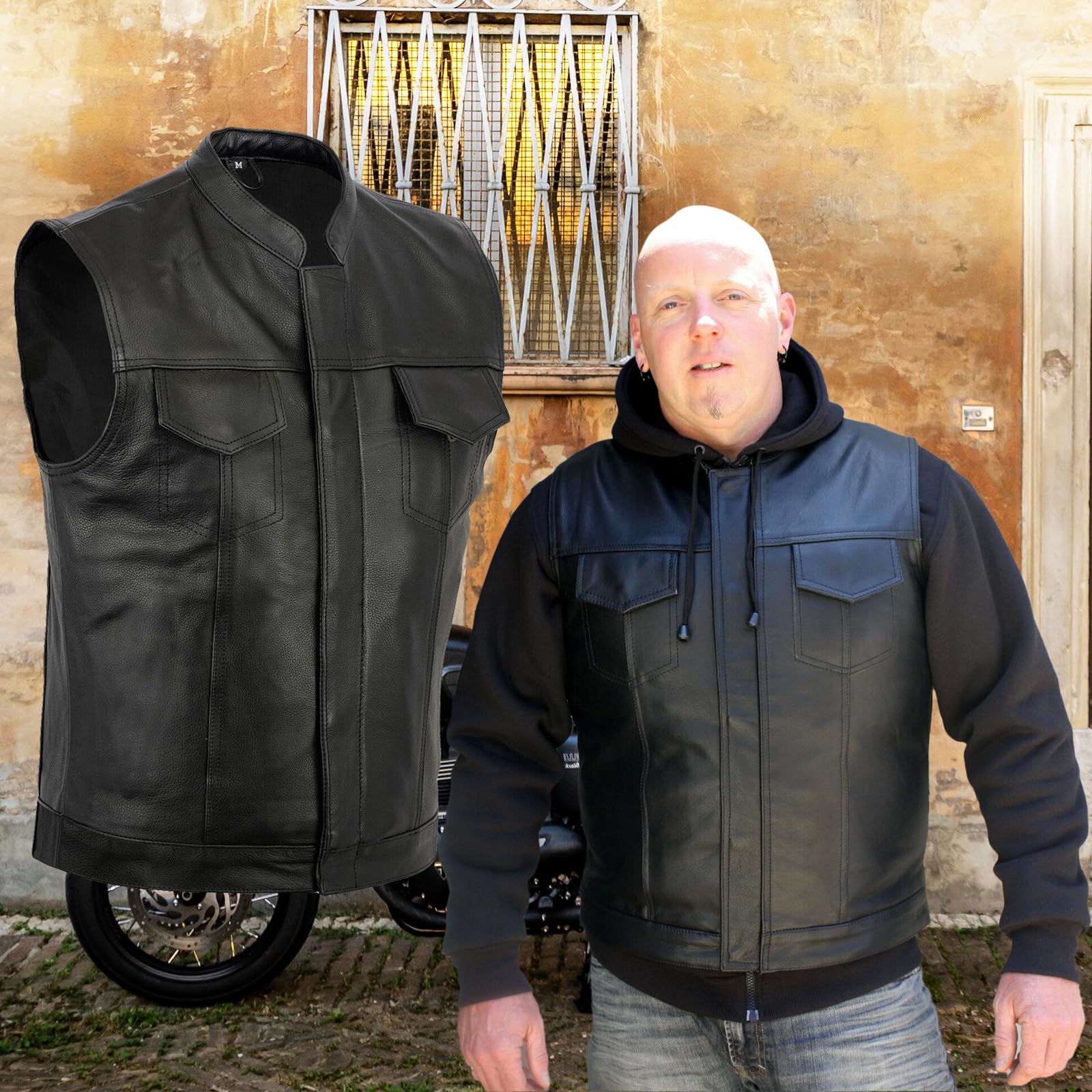 Australian Bikers Gear The Revolver Gilet in Pelle per Motociclisti Sons of Anarchy Style Biker Gilet senza maniche, Nero