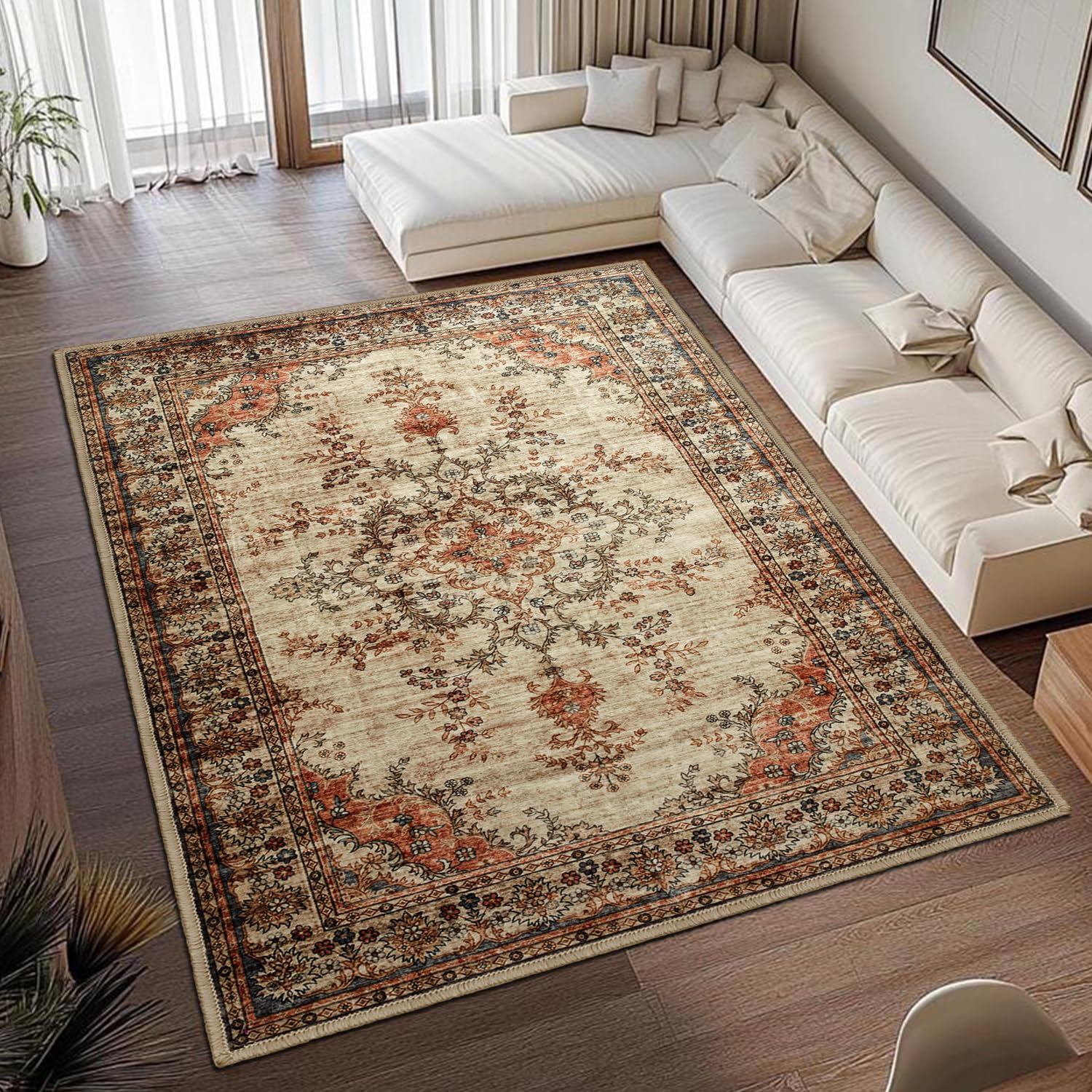 MOONLIGHT20015 Washable Rugs Living Room 120 x 170 cm - Fluffy Vintage Large Area Rugs for Bedroom - Non Slip Low Pile Soft Boho Rug Carpets for Lounge - Traditional Rug for Dining Room, Timeless โ image 1