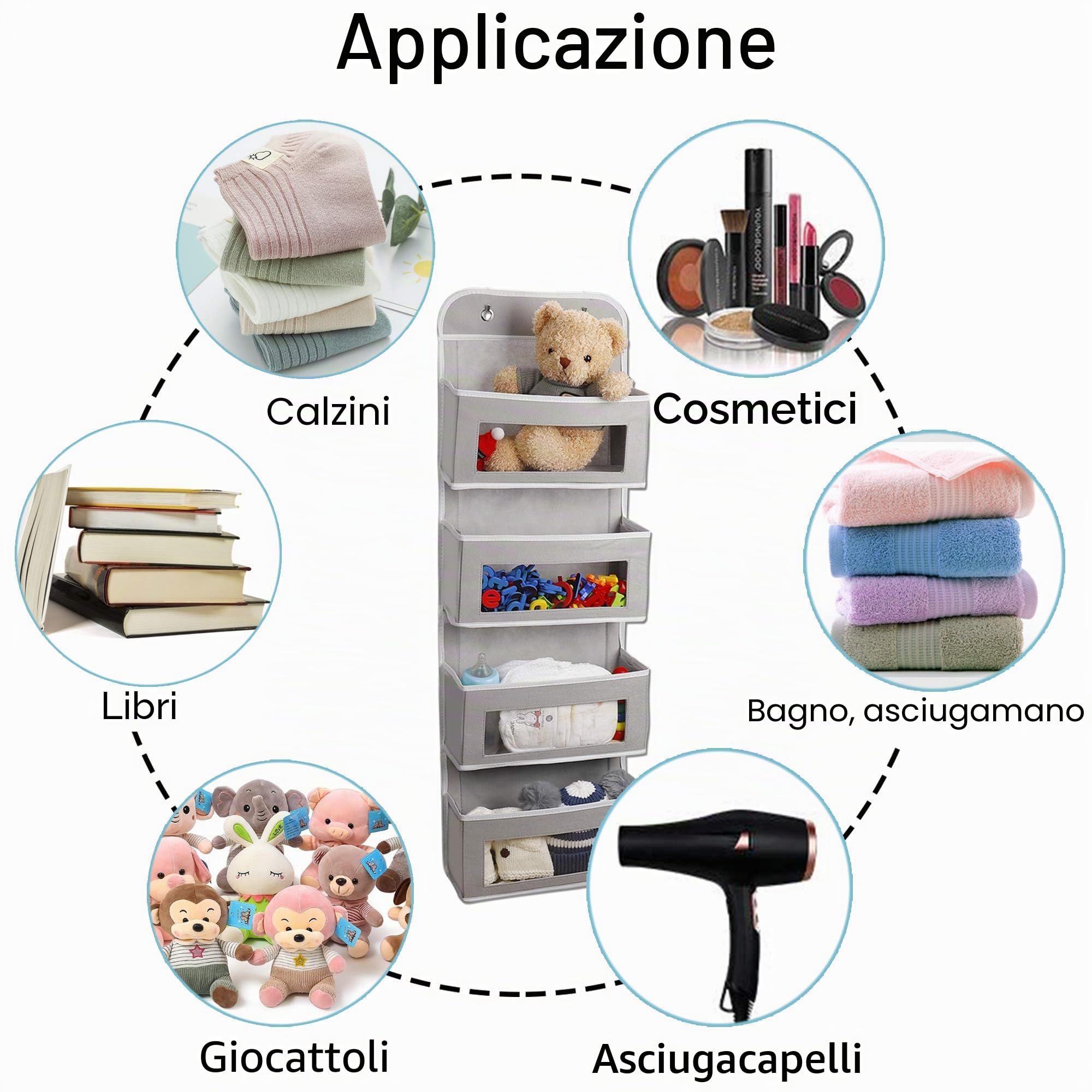 Organizzatore sospeso su porta borsa portaoggetti in tessuto con 4 scomparti per giocattoli riviste cappello grigio