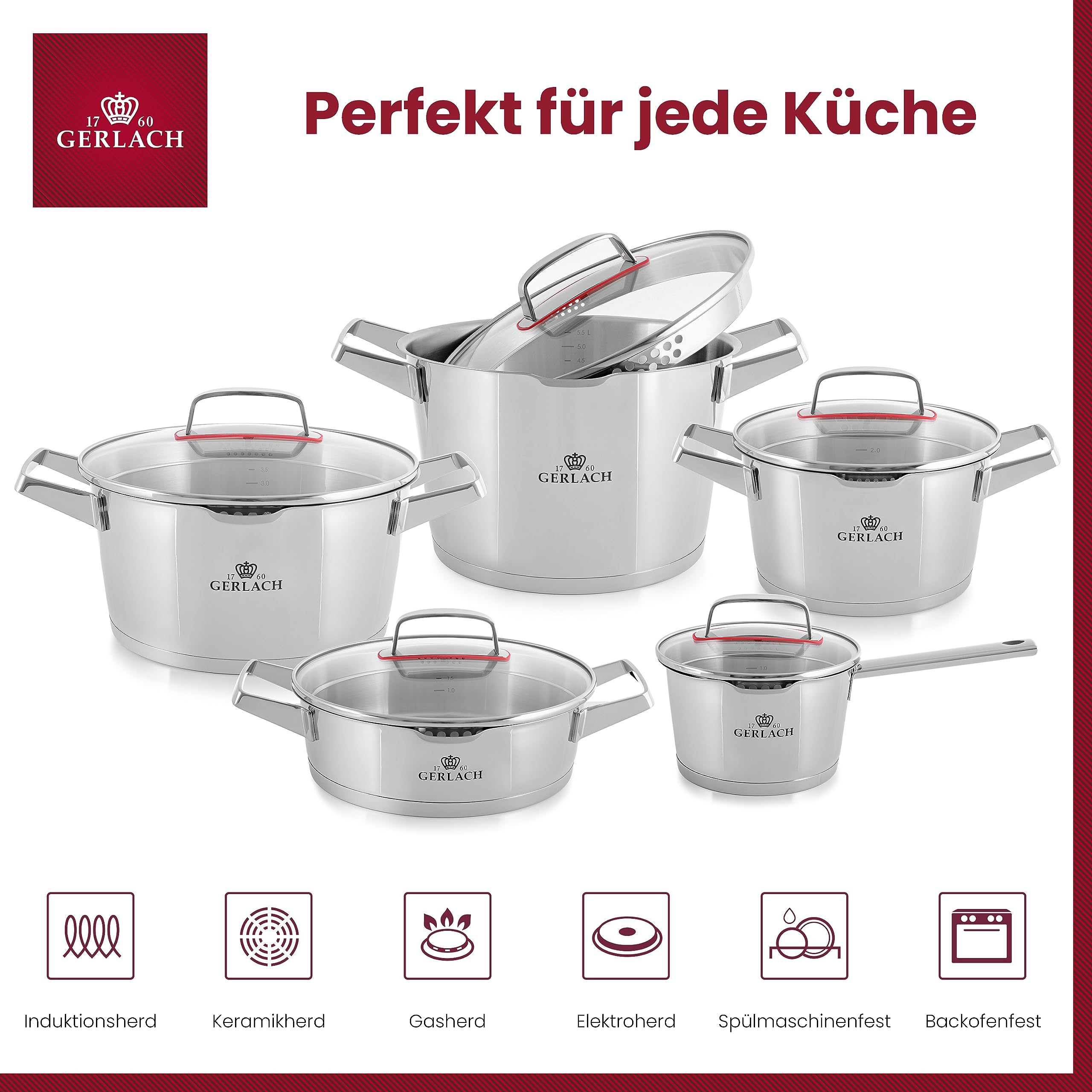 Gerlach Superior Topf-Set Edelstahl Kochtopf-Set Induktion Induktionstöpfe-Set Töpfe-Set Induktionsgeeignet Kochgeschirr 5 Stück, Silber