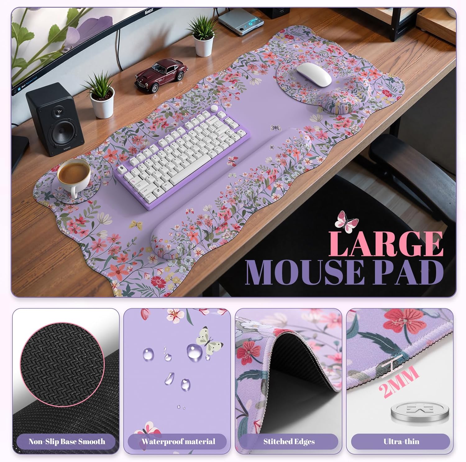 iCasso Desk Mat Set,Large Mouse Pad with Wrist Rest,Ergonomic Keyboard Wrist Support for Women,Girly Floral Computer Mat with Scalloped Edges,Non-Slip Desk Pad Home Office Gaming (Purple)