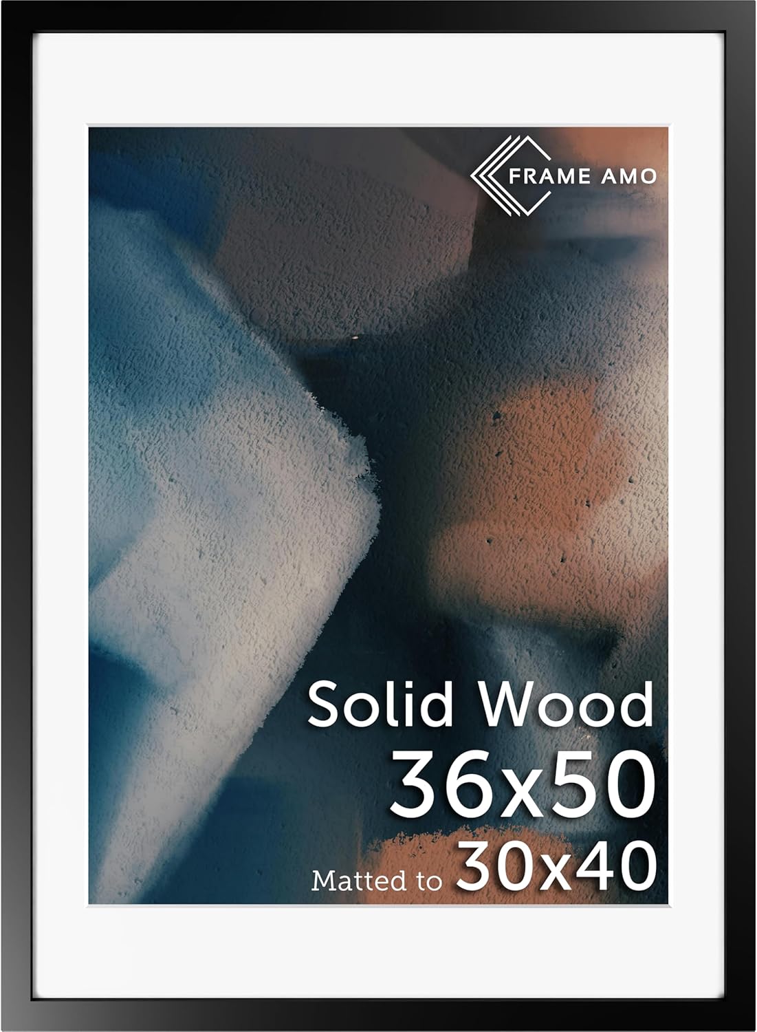 Frame Amo 36x50 Solid Wood Poster Frame Black, with 29.5x39.5 White Mat Opening for 30x40 Image, 1.5 inch Wide, 1 inch Thick, Acrylic Front, Gallery Grade