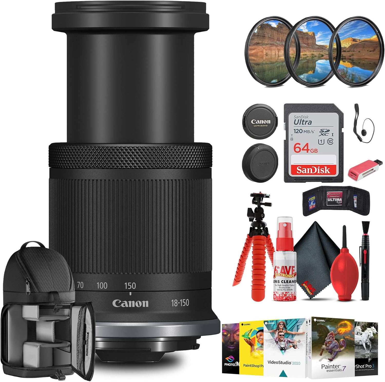 Canon RF-S 18-150mm f/3.5-6.3 is STM Lens with 64GB Extreme Pro Card + Corel Photo Software + Flexible Tripod + Filter kit + Card Wallet + Backpack + Cleaning Kit + Card Reader + Cap Keeper