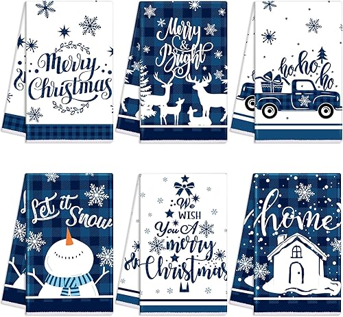 Oudain Juego de 6 toallas de cocina y paños de cocina de Navidad, Papá Noel, muñeco de nieve, camión, árbol de Navidad, paños de cocina de invierno,