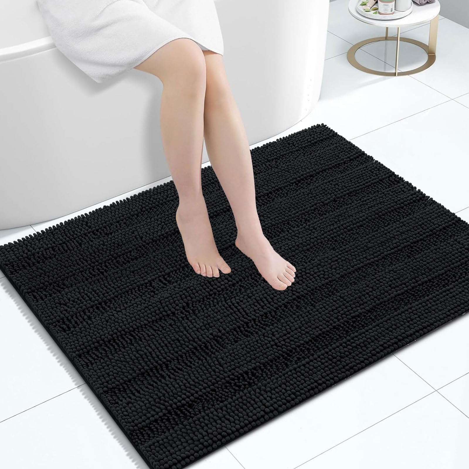 Grandaily Chenille Bathroom Rugs 40x32, Soft Absorbent Bath Mats, Black