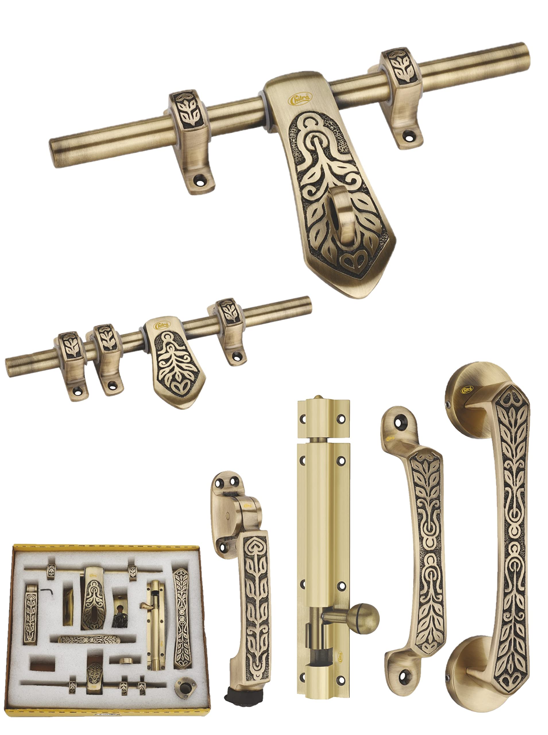 Chitra Carving Series Brass Heavy Single Door Fitting Accessories Full Set/Kit (1 Aldrop, 1 Latch, 2 Handles, 1 Tower Bolt and 1 Door Stopper) (10 Inch, Antique Brass)