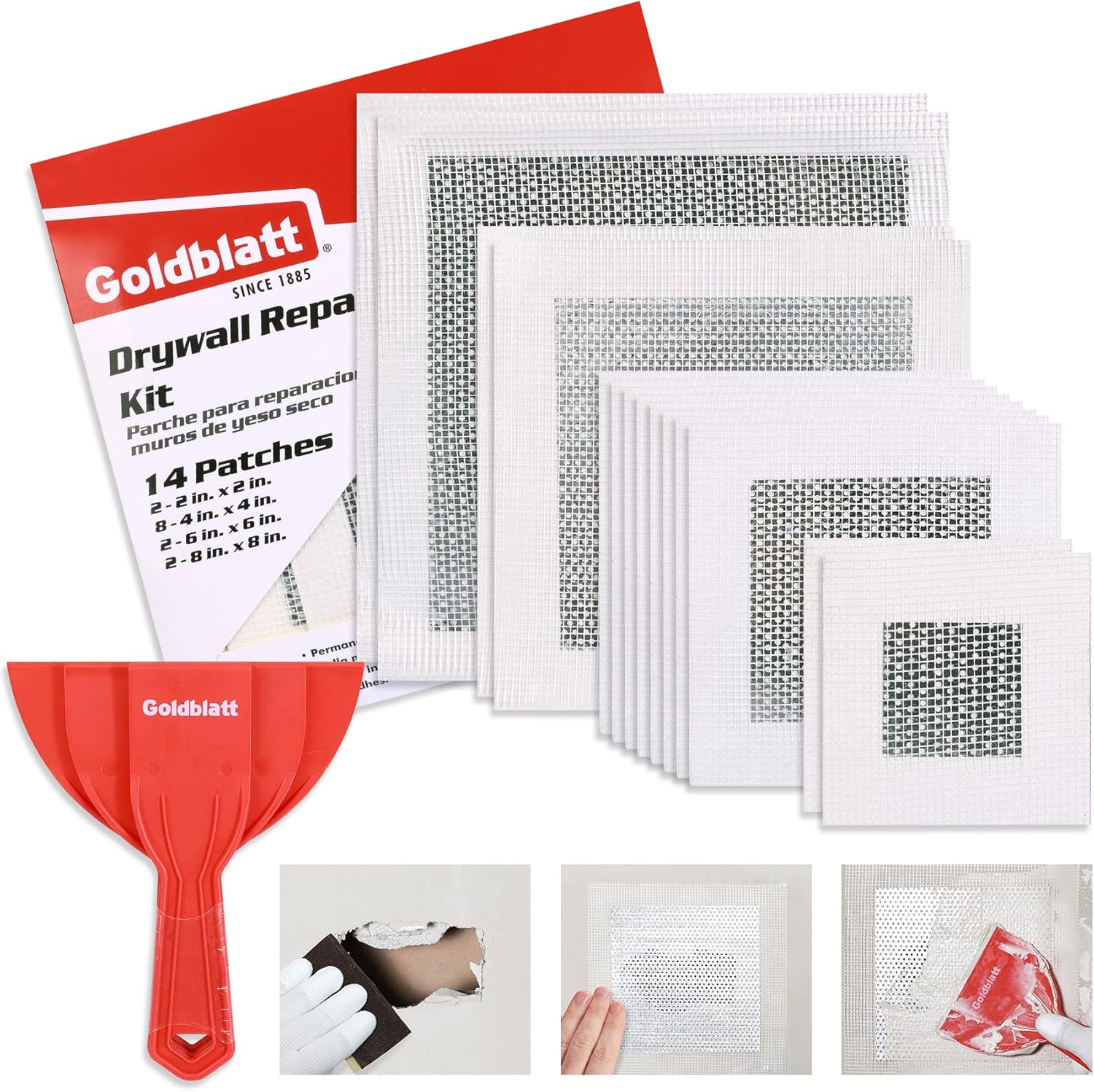Goldblatt 17 Pieces Drywall Repair Kit - Plastic Putty Knife Set & 2/4/6/8 Inch Wall Repair Patches, Self Adhesive Fiberglass Aluminum Mesh, Drywall Wall Patch Repair Kit for Home Fix Wall Hole - - 