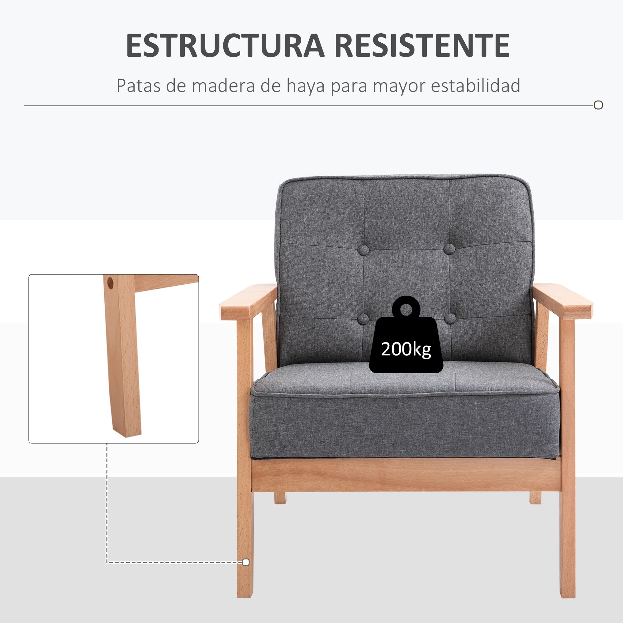 HOMCOM Butaca de Salón Moderno Sillón Individual Tapizado en Lino con Asiento Acolchado y Marco de Madera para Oficina Dormitorio Carga 120 kg 65x69x78 cm Gris