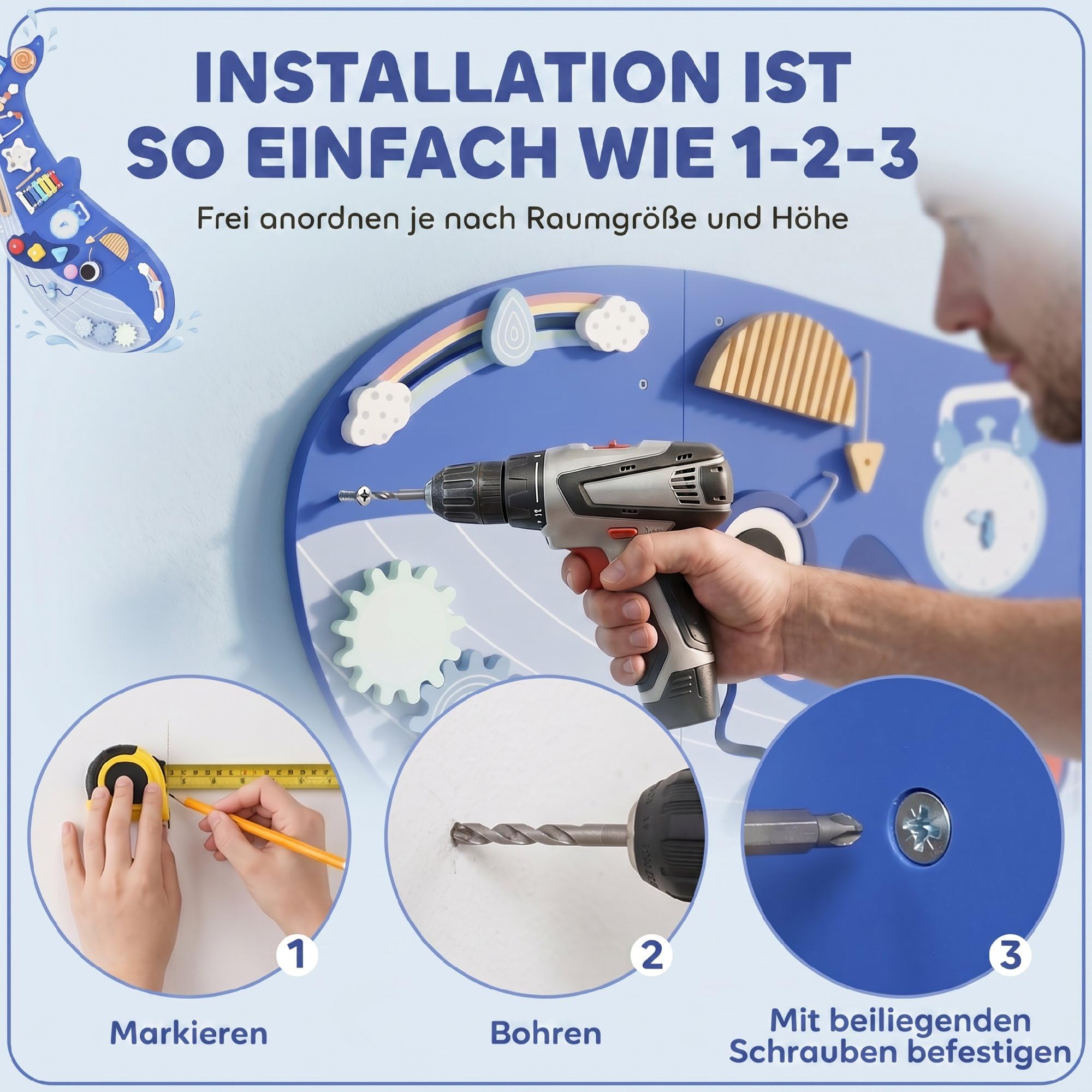 AIYAPLAY Montessori Motorikbrett 13-in-1 Holz Busy Board Wandmontiertes | in Waleform, Activity Board Spielzeug, Xylophon Uhr Zahnrädern Blöcken, Frühes Lernspielzeug, für Kinder ab 2 Jahr