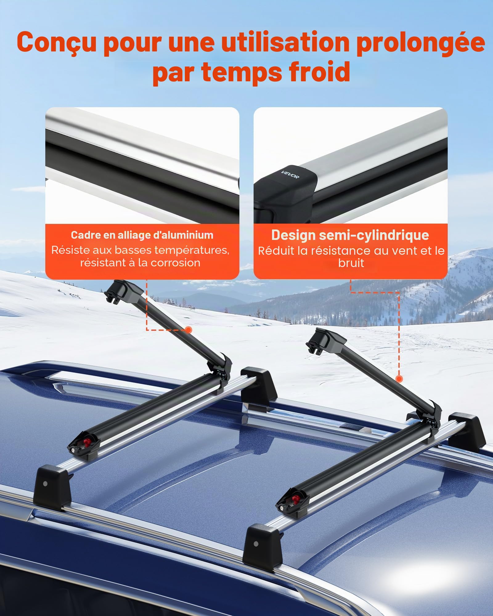 VEVOR Porte-Skis sur Barre de Toit, 2 pcs, Support pour Planche à Neige Universel en Alu avec verrou, pour 6 Paires de Skis ou 4 Planches, Compatible avec la Plupart des Barres transversales à Fentes
