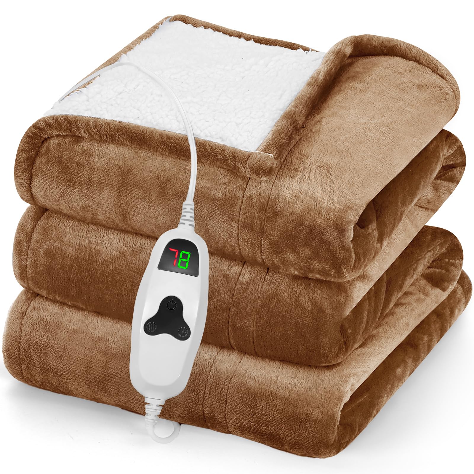 greenoak Heated Blanket Electric Throw 50"X60", Heating Blanket with 10 Levels 1/2/4/6/8 Hours Auto-Off Overheat Protection, Soft Flannel Sherpa Warm Heater, ETL Certified Brown
