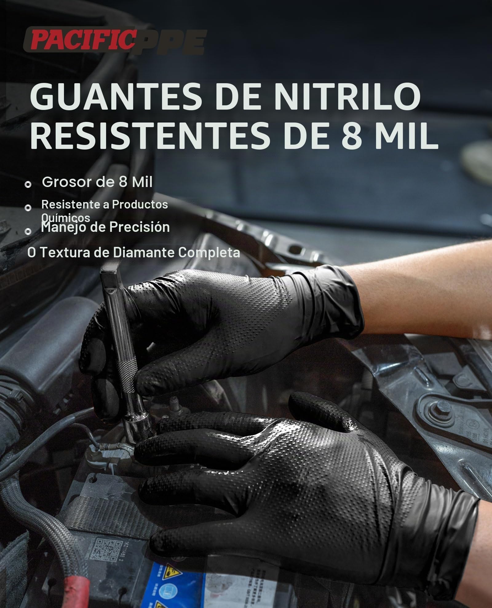 PACIFIC PPE - Guantes de nitrilo negro de 8 mil de alta resistencia, resistentes a los químicos, aptos para alimentos, sin látex, guantes desechables para mecánico, cocina y limpieza, grande