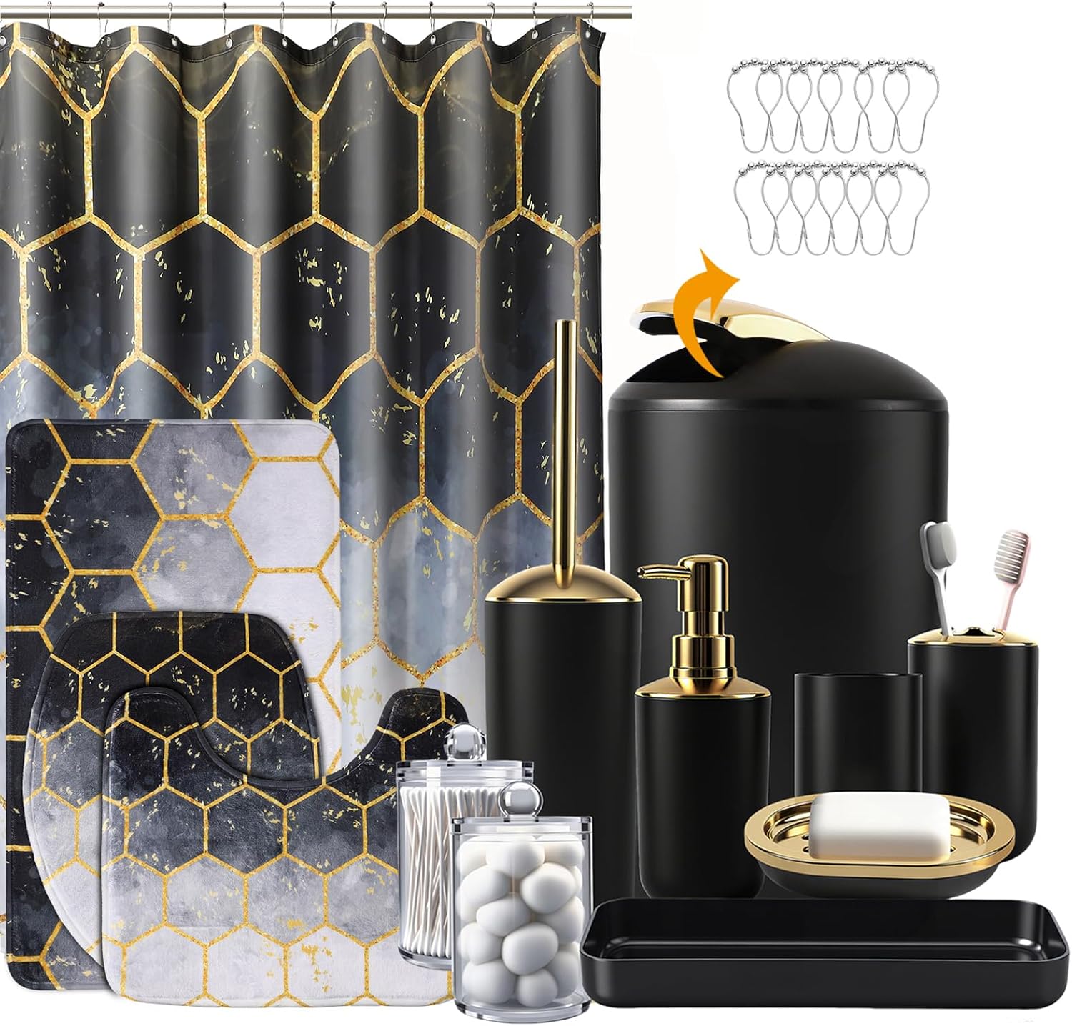BSSN 25 Pieces Black and Gold Bathroom Accessories Set with Shower Curtain and Rugs, Trash Can, Toilet Brush, Soap Dispenser, Toothbrush Holder, Qtip Jars, Tray and Tumbler, Complete Bath Decor Set