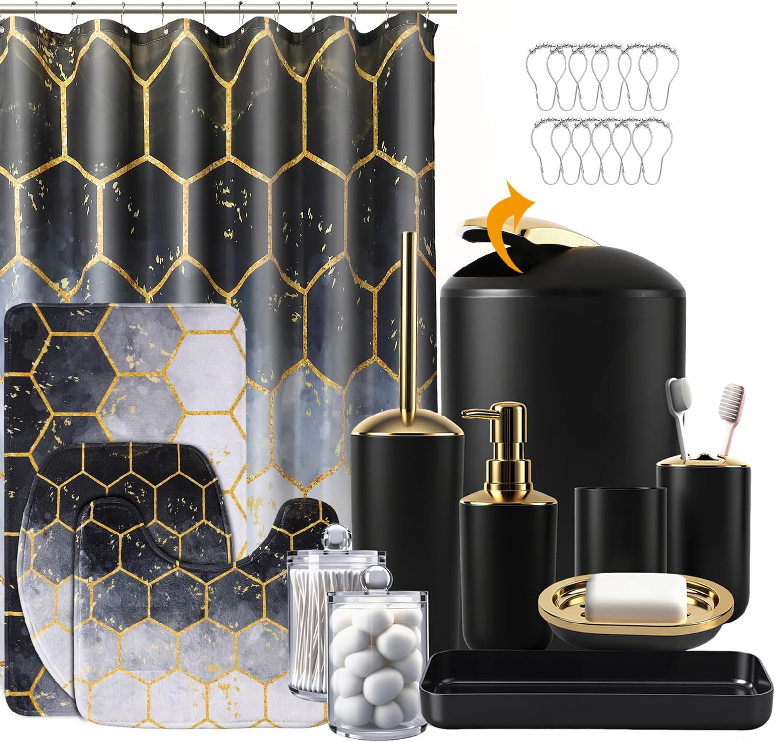 BSSN 25 Pieces Black and Gold Bathroom Accessories Set with Shower Curtain and Rugs, Trash Can, Toilet Brush, Soap Dispenser, Toothbrush Holder, Qtip Jars, Tray and Tumbler, Complete Bath Decor Set
