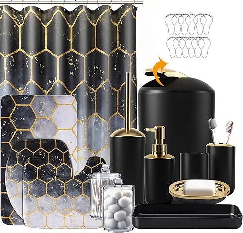 Juego de 25 piezas de accesorios de baño negro y dorado, cortina de ducha y alfombras, basura, cepillo de inodoro, dispensador de jabón, jabonera,