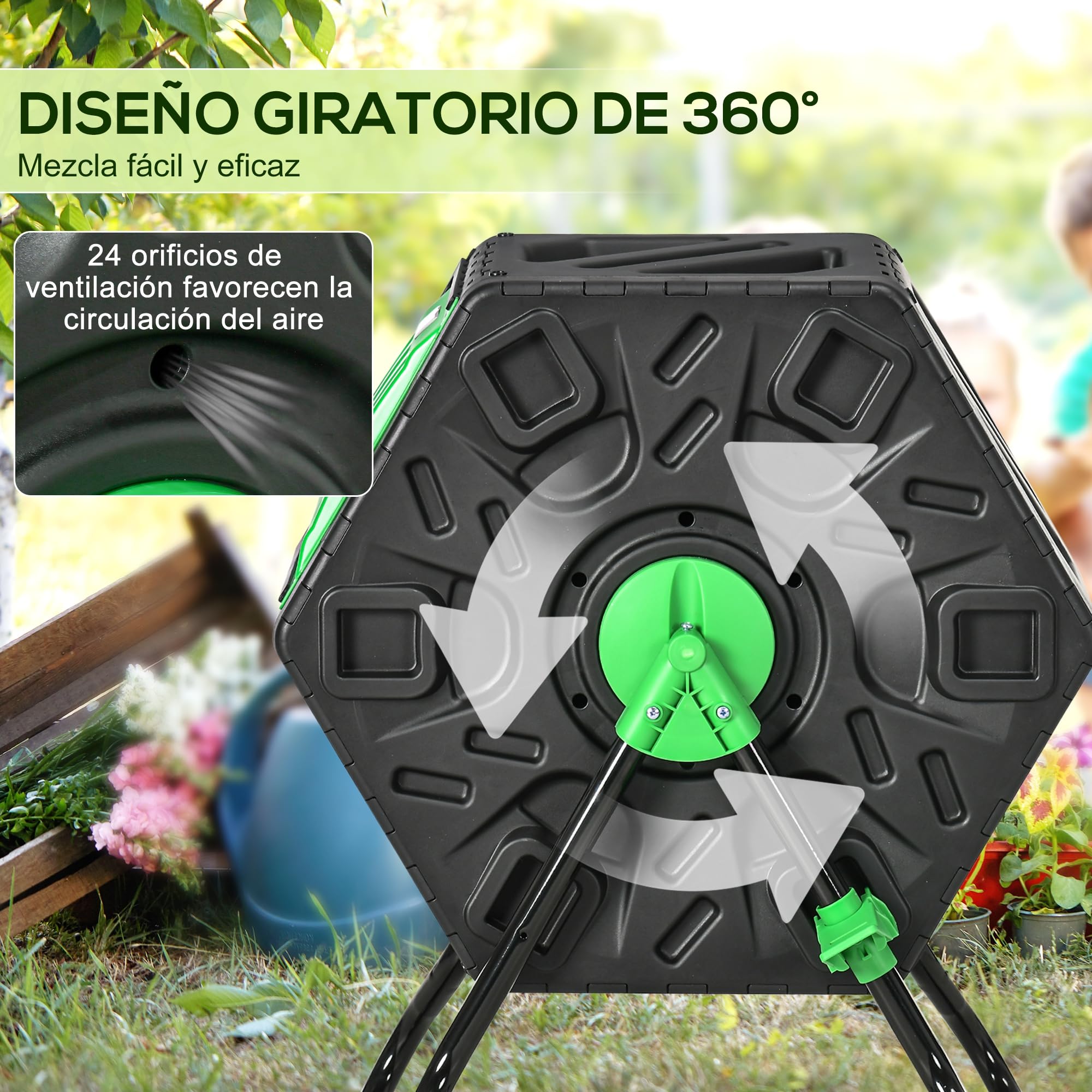 Outsunny Compostador Giratorio 65L Contenedor de Compostaje de Jardín con Aberturas de Ventilación Doble Cámara Compostadora Patas de Acero 60x49x77 cm Negro y Verde