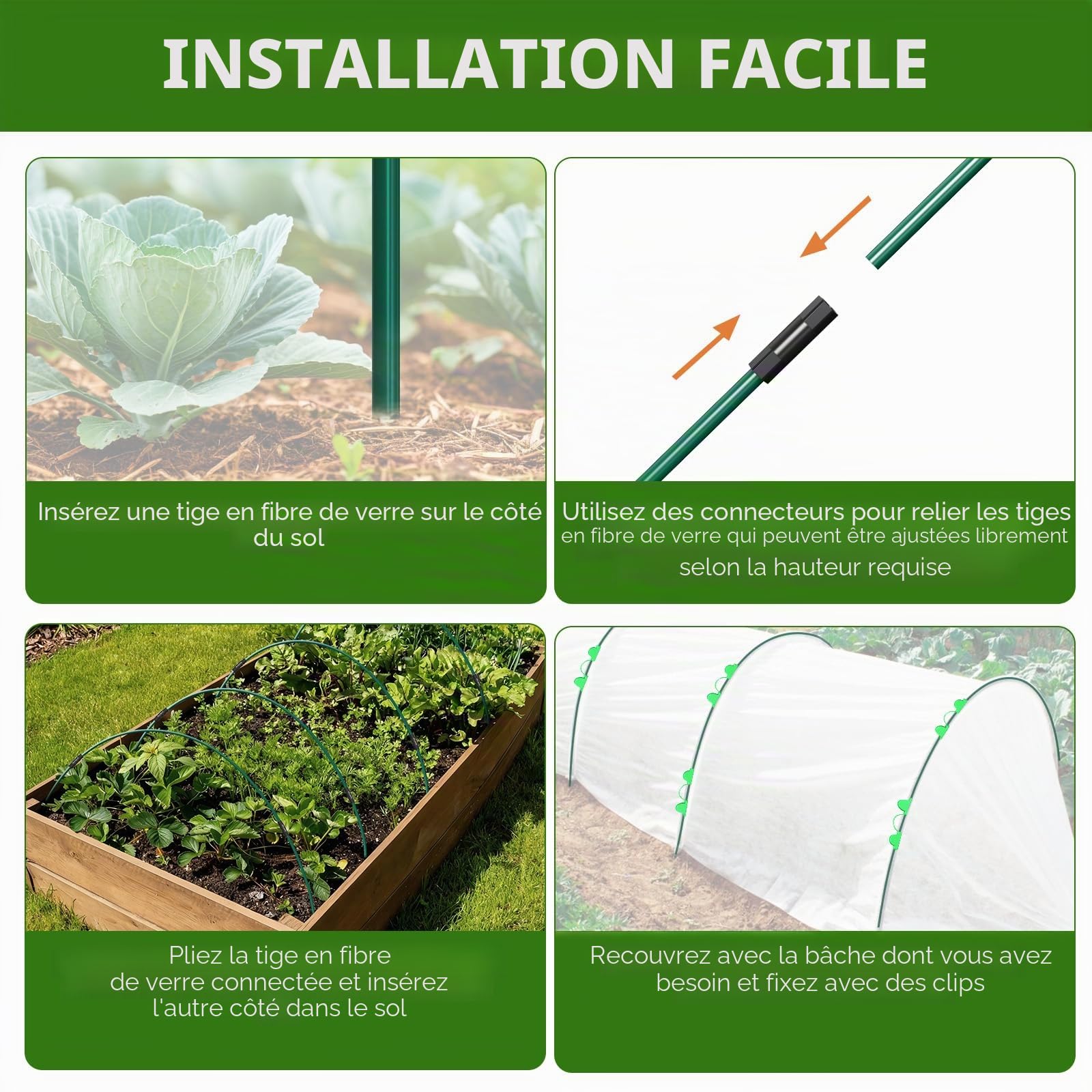 60 Pièces Arceau Tunnel de Forçage, Arceaux pour Serre de Jardin, Kit de Tunnel de Culture pour Potager et Carré Potager, Support de Plante DIY pour Film de Croissance, Filet de Protection et Cloche