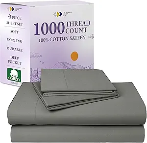 California Design Den Queen Sheets Set - Luxury 1000 Thread Count Sateen, Thick and Natural 100% Cotton Sheets, Deep Pockets, Soft, Breathable and Durable Bedding Set - Grey
