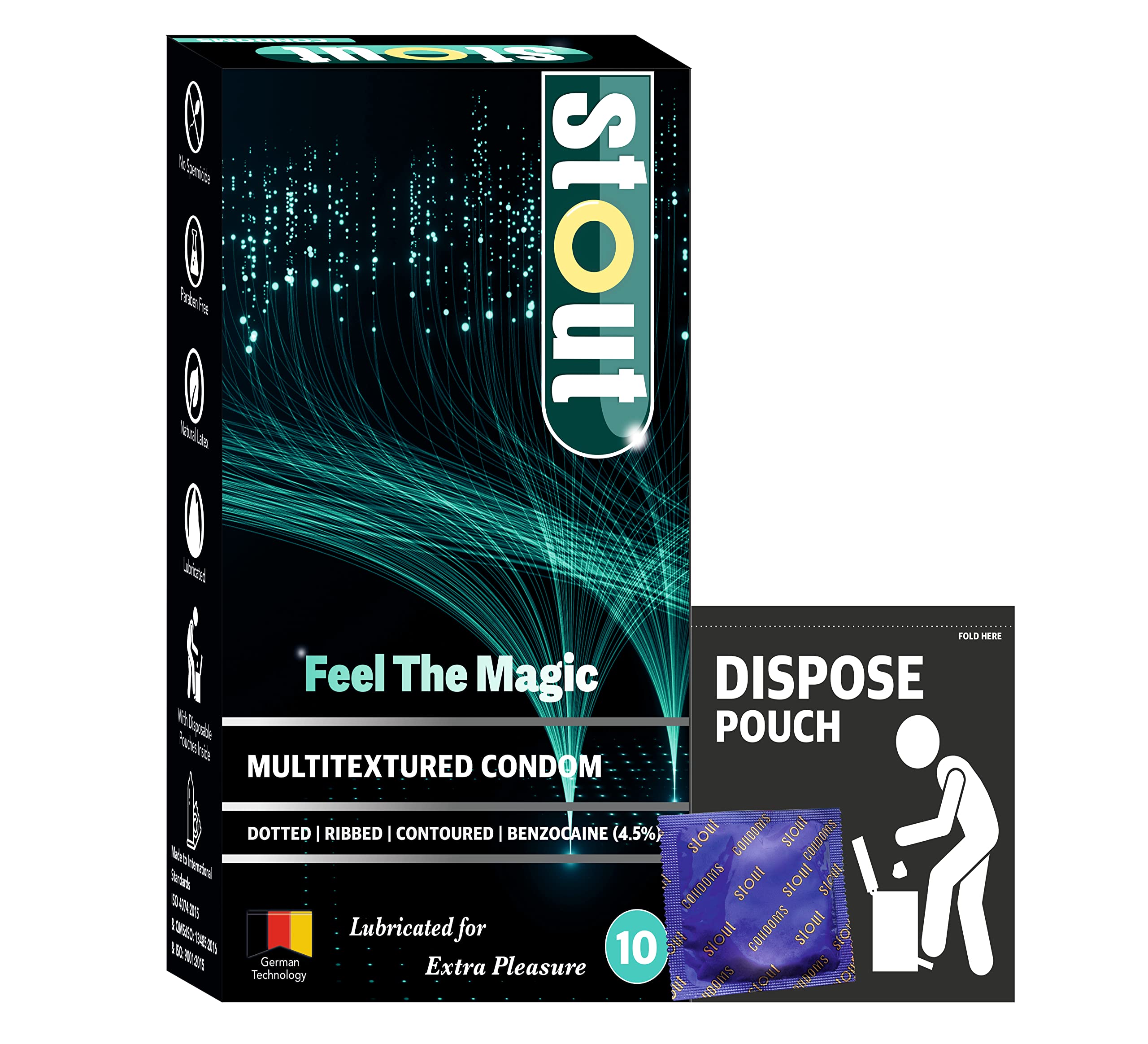 Stout Multitextured Longlast Feel The Magic Condoms For Men|Lubricated, Extra Time for Extra Pleasure| Dotted, Ribbed-10 Count | Pack of 1
