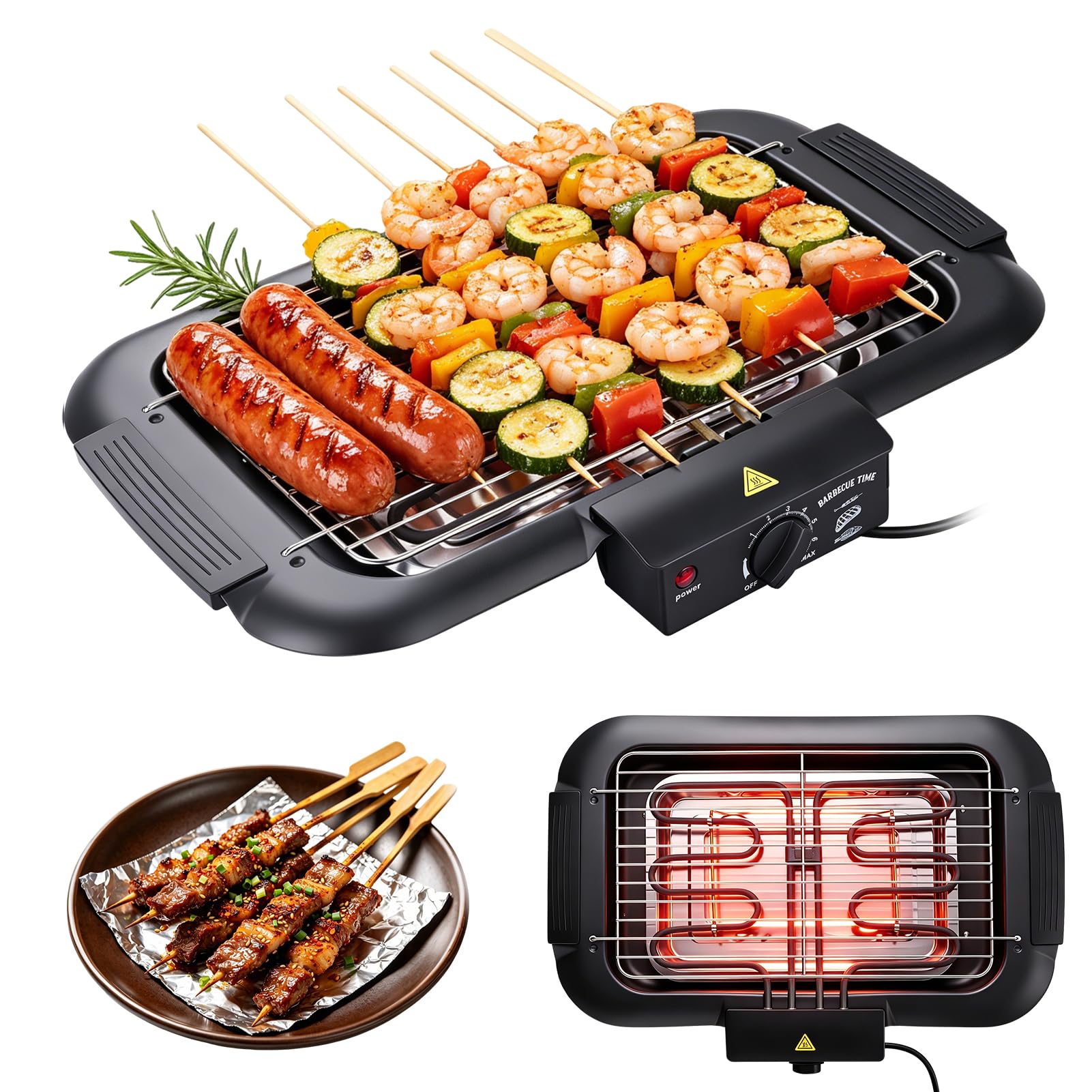 Tischgrill Elektrisch 2000 W,lektrogrill Antihaftbeschichtete Grillplatte, für Drinnen Draußen,mit 6 Temperaturstufen, Abnehmbarem Grillrost und Fettauffangschale für Grillpartys Camping,36 × 22 cm