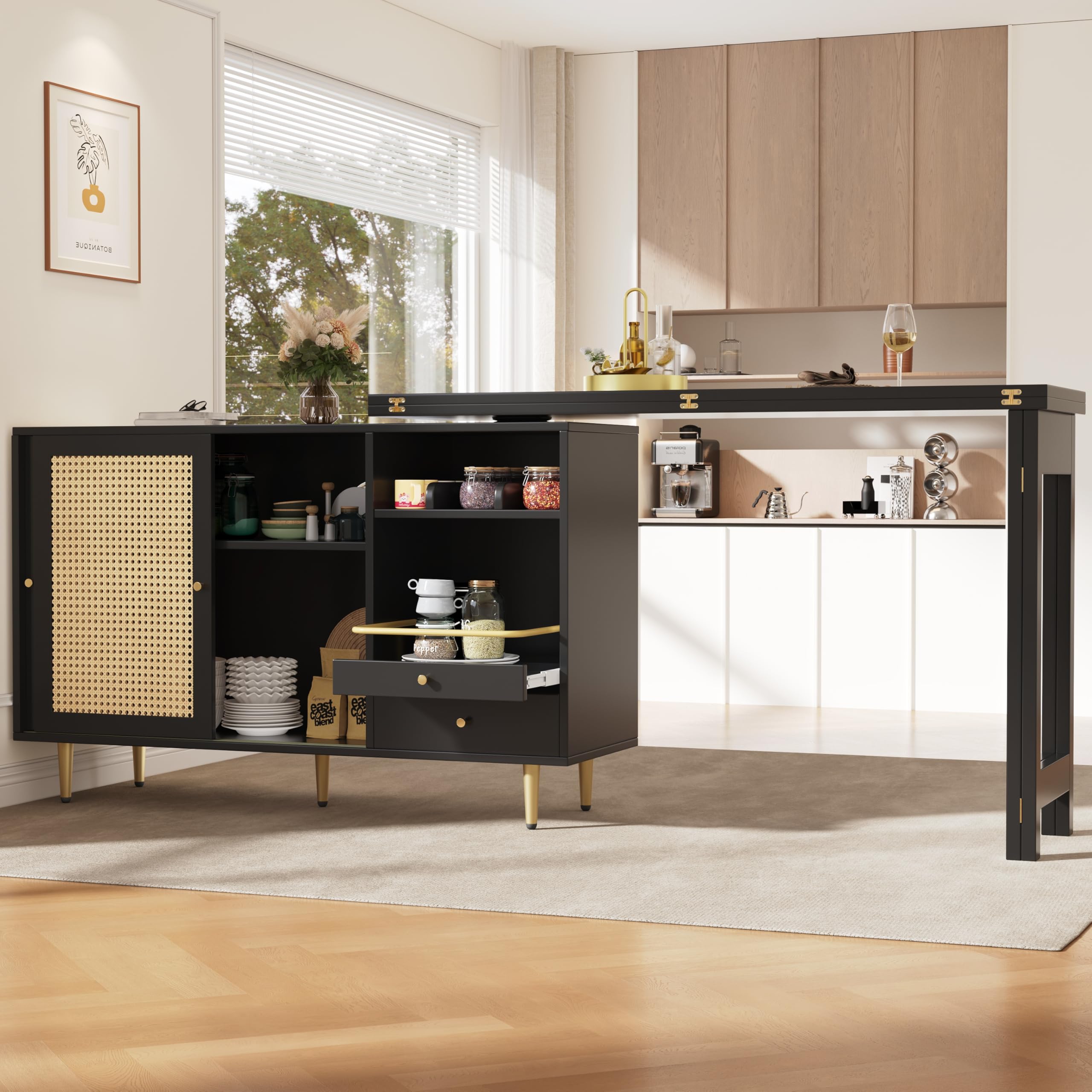 Moimhear Barra giratoria de 360° (cuerpo principal: 107 x 40 x 71,4 cm), barra de diseño retráctil, armario de almacenamiento con puerta de ratán + estante de almacenamiento abierto, adecuado para