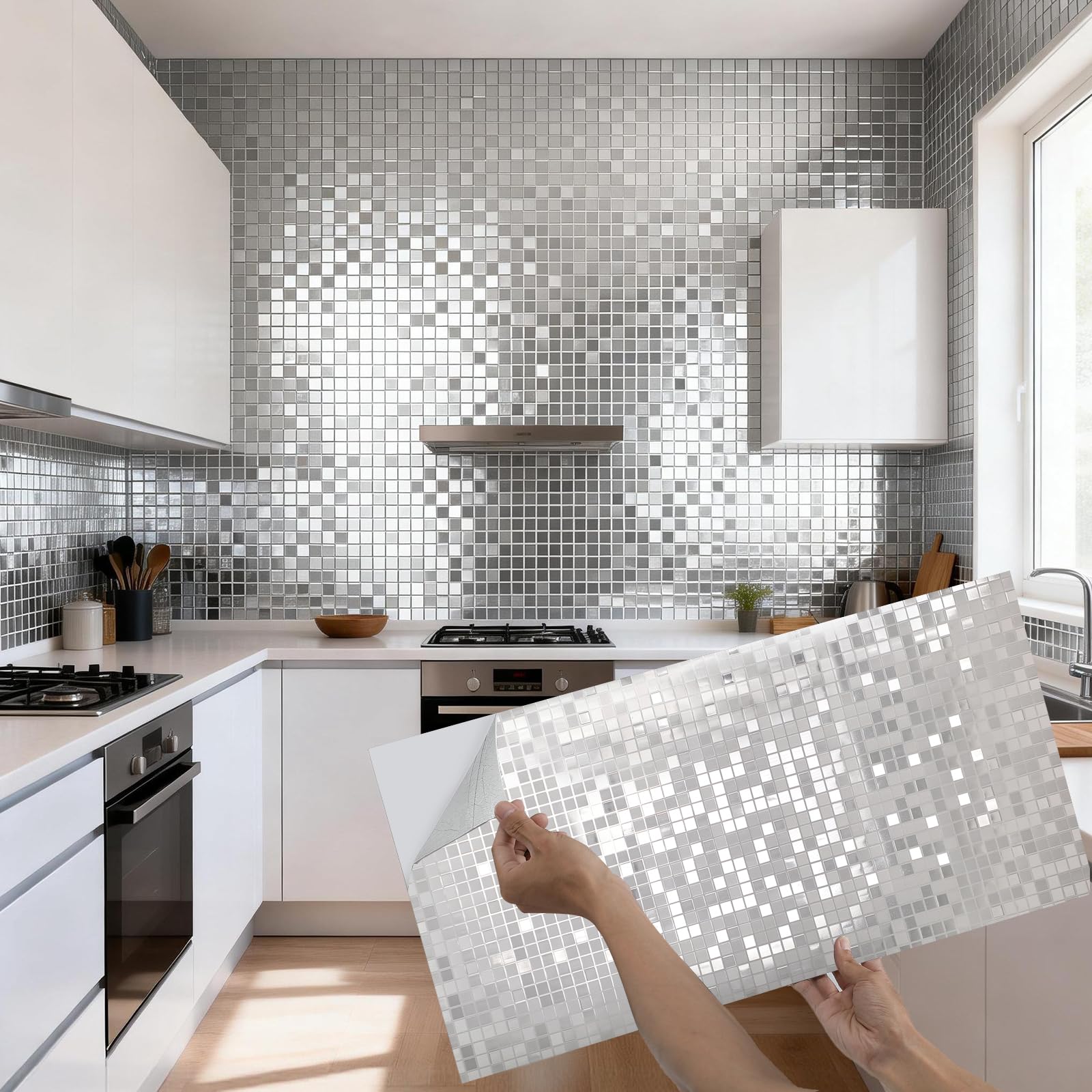 Takezuaa 10pcs Mosaic Style Decorative Tile Stickers, 30x60cm Self Adhesive Wall Tiles,Waterproof Peel and Stick on Wall Tiles for Kitchen Bathroom Transformation - Silver — image 1