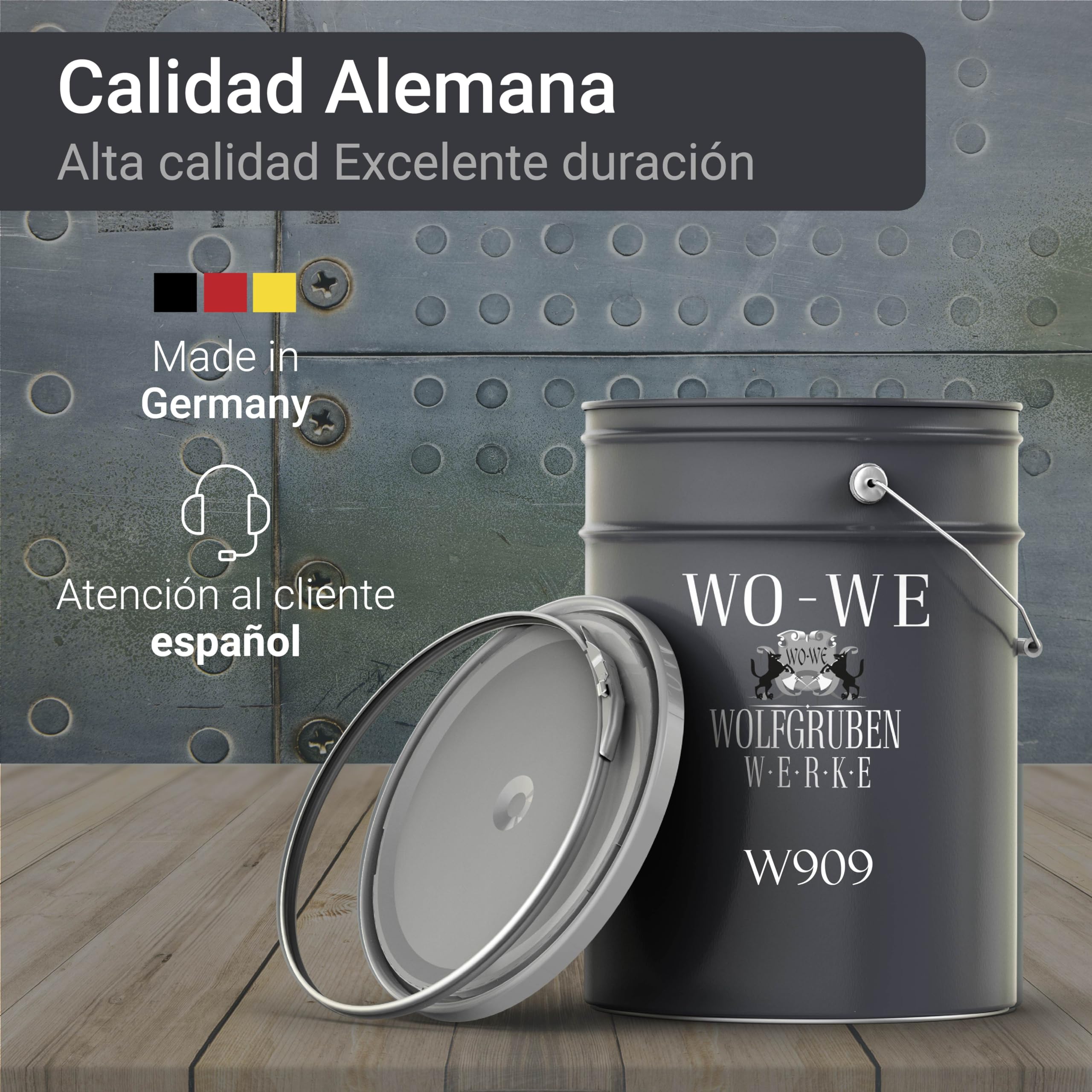 WO-WE Pintura protectora de metales avanzada 4 en 1 MATE resistente a la corrosión para superficies metálicas MATE W909 Negro intenso - 2.5L