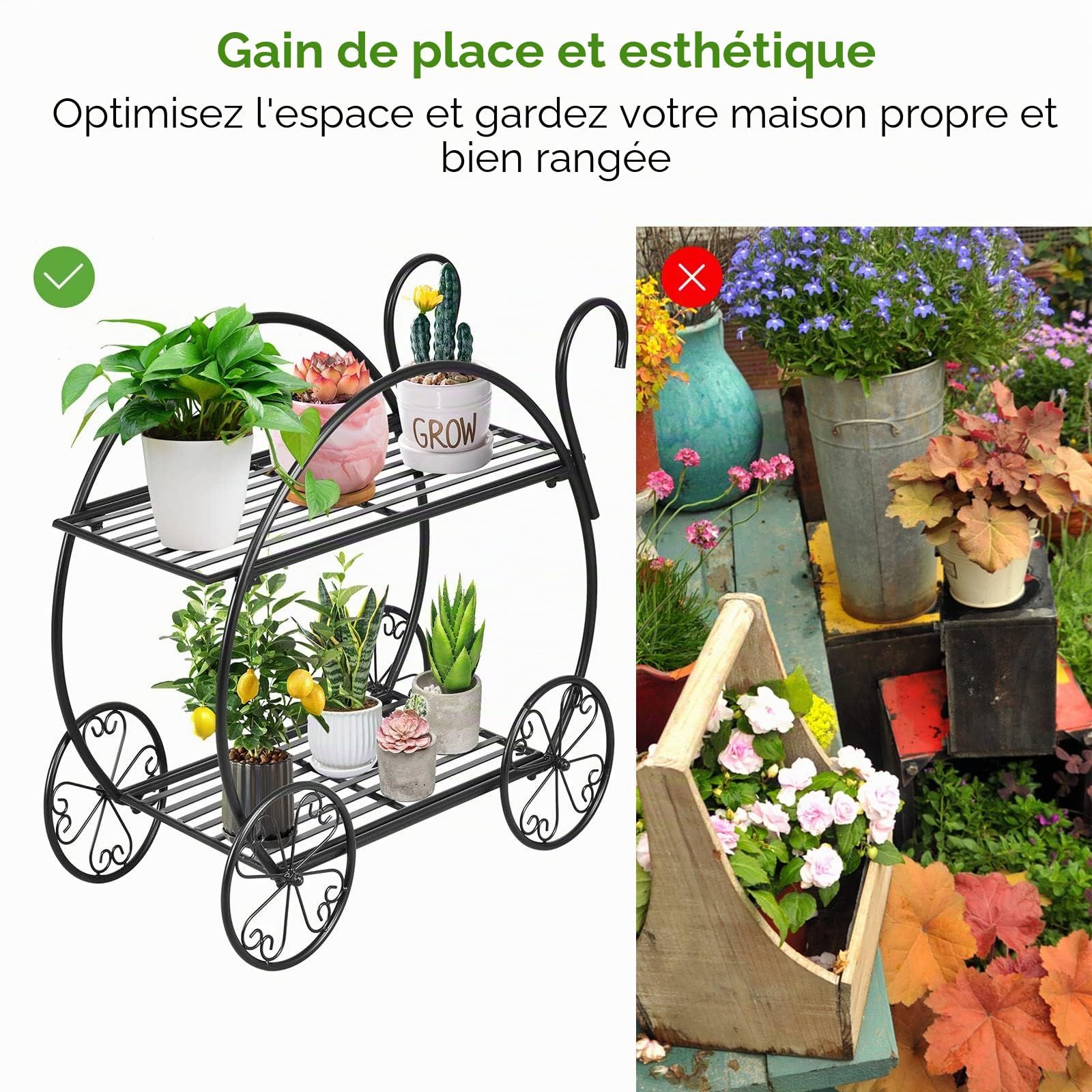 KOMFOTTEU Étagère Fleurs, 2 Niveaux, Métal, Charge 20KG, 67 x 34 x 60 cm