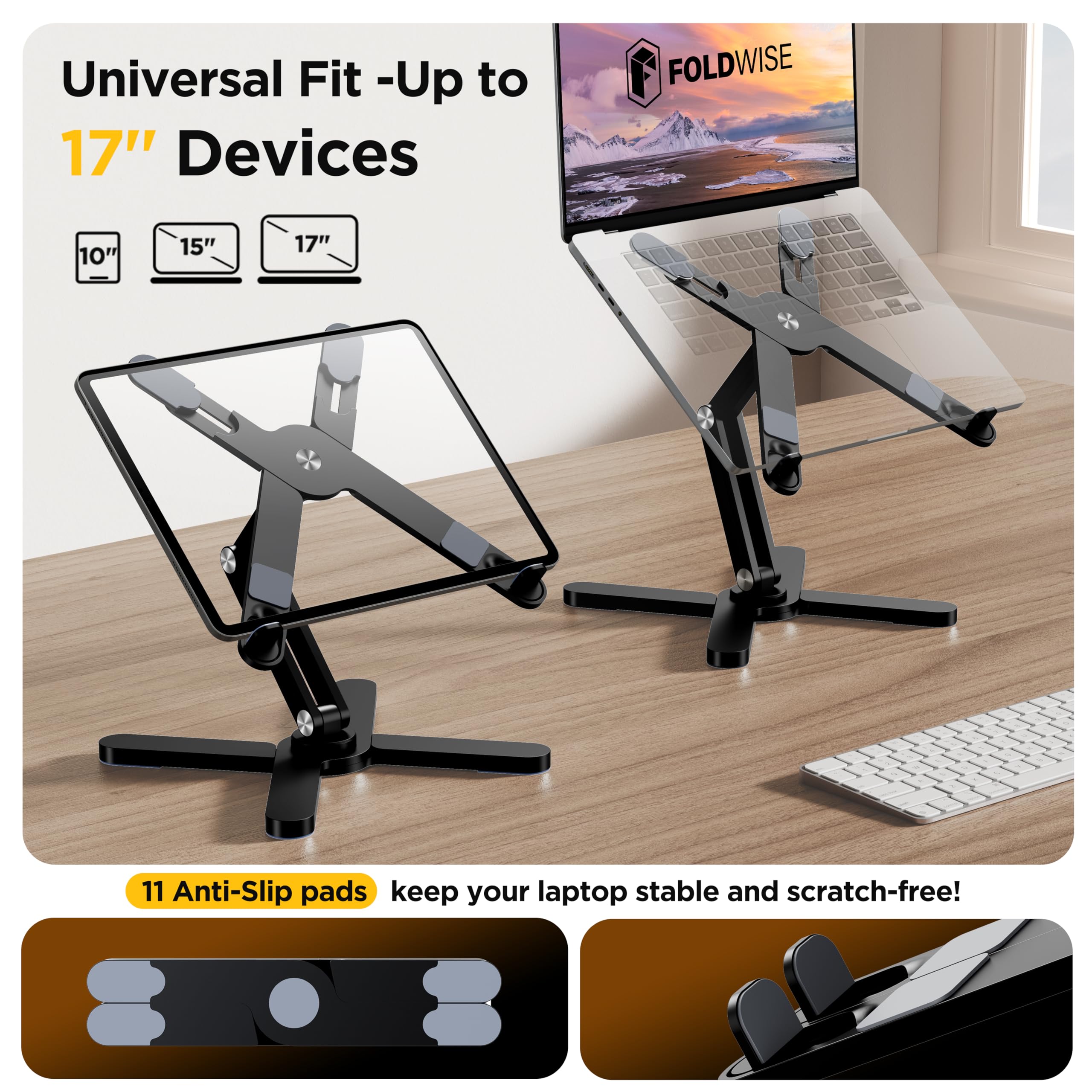 FoldWise X Supporto per Laptop da Scrivania - 100% Alluminio, Base Rotante a 360°, Pieghevole, Altezza & Angoli Regolabili - Riser Robusto & Portatile per MacBook e Laptop da 11-18''