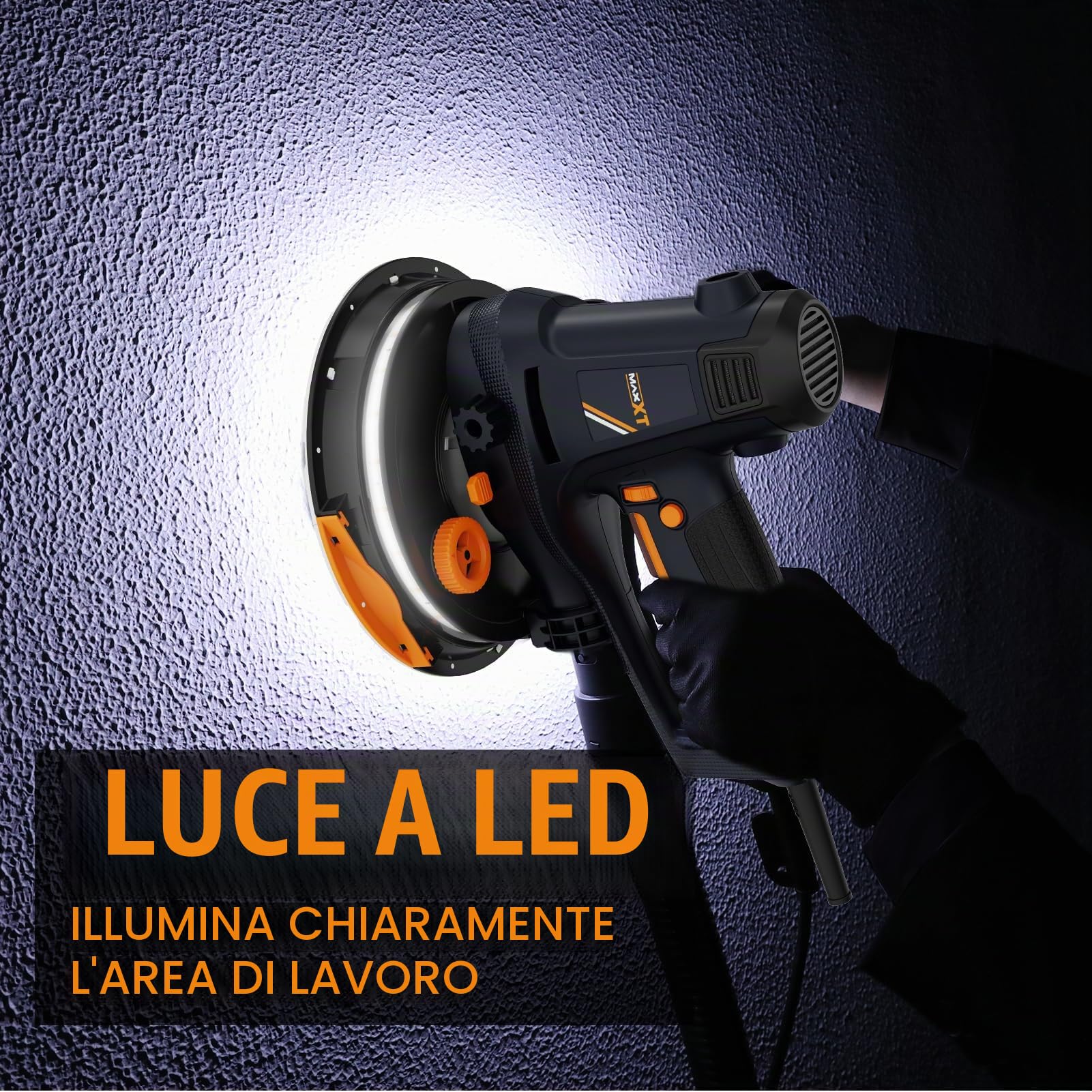MAXXT Levigatrice manuale per cartongesso, 810 W, smerigliatrice elettrica per pareti, 1500-2800 giri/min, velocità variabile, aspirazione regolabile, levigatura grossolana/fine, 8 pezzi