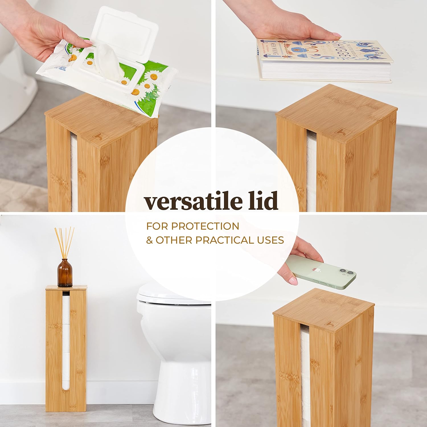 HENNEZ Bamboo Toilet Roll Storage - 4 Roll Capacity, Free Standing with Lid - Rustic, Eco-Friendly Bamboo - Image 5