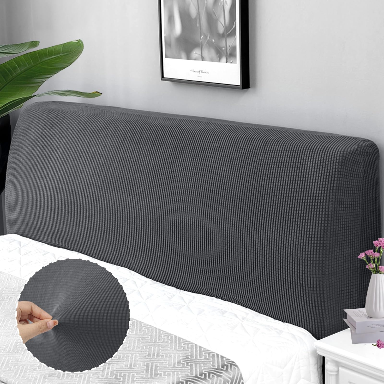Rainmae Funda elástica para cabecero de cama, funda protectora a prueba de polvo para cabecero tapizado de tela de lino (gris profundo, 150-170 cm (Queen))