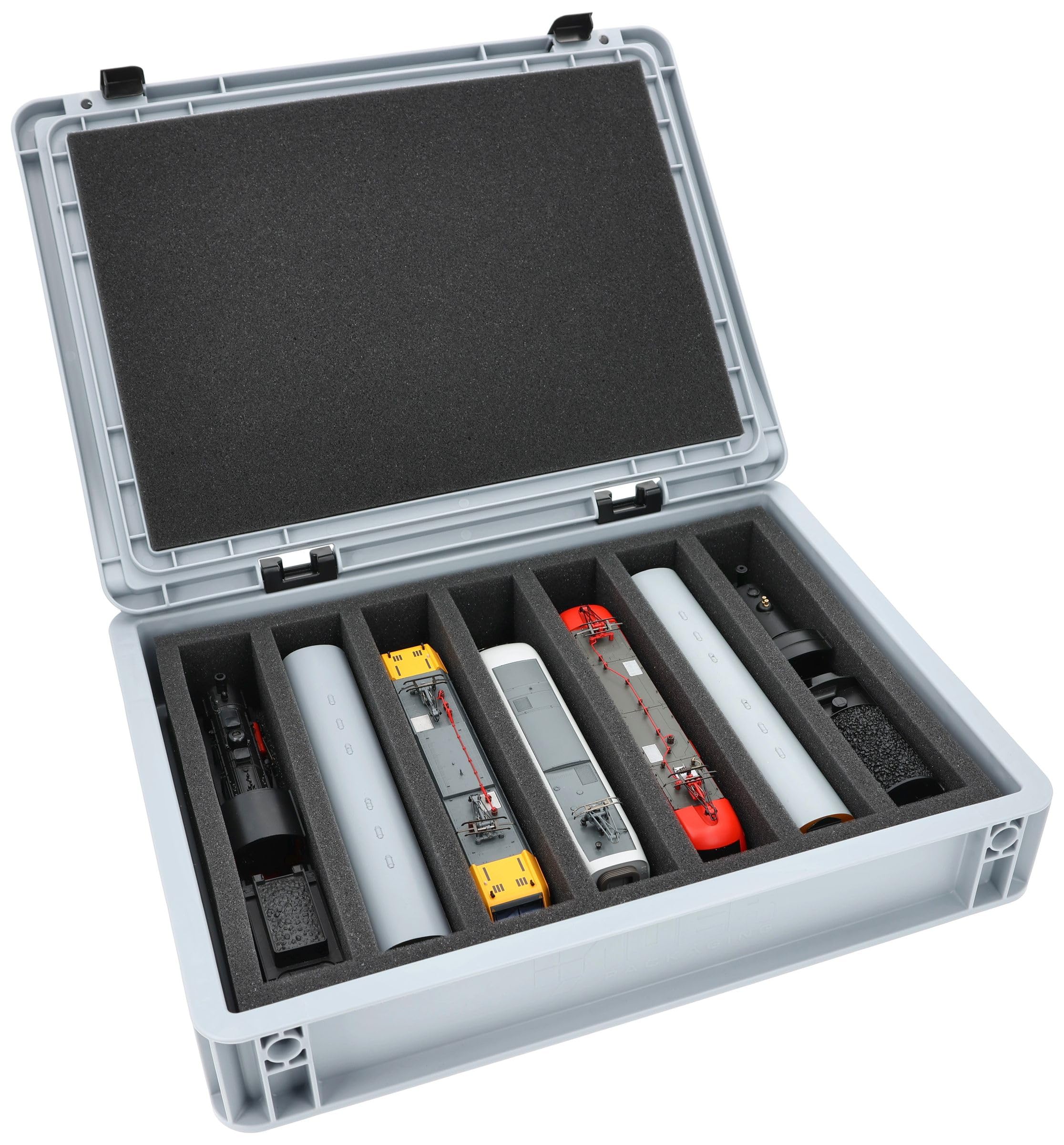 Feldherr Eurobox 40 x 30 cm Set für Modelleisenbahnen - Spur H0-7 Fächer - Schaumstoffeinlage für stehende Aufbewahrung - kompakte Transportlösung für Loks und Waggons