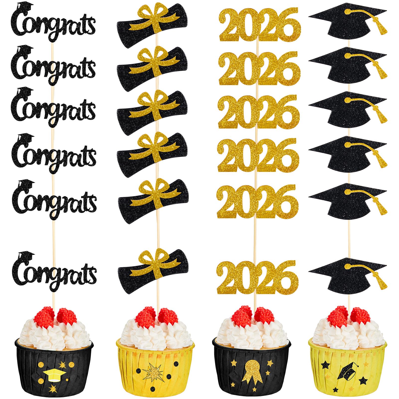 Photo 1 of Chinco 100 Pack 2026 Graduation Cupcake Toppers Glitter Grad Cap Food Appetizer Picks Cake Caps Party Decorations Diploma Cupcake Picks for Cake Class of 2026 Graduation Party (Black and Gold)