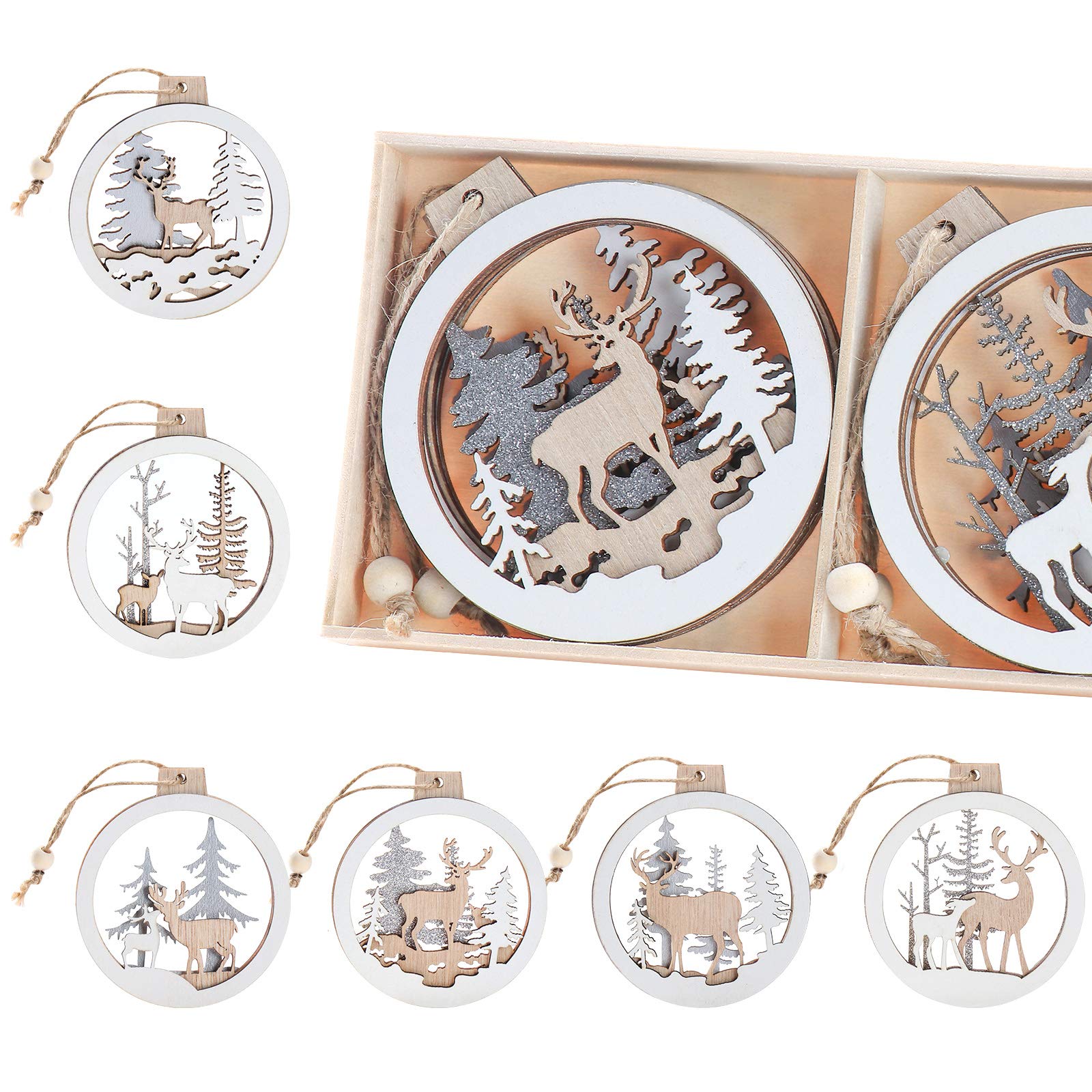 Set of 6 Christmas Hanging Wooden Ornaments, Binswloo Hollow Laser Cutting Wood Cutouts Gift Tags Pendants Wood Baubles Rustic Reindeer Xmas Tree Ornaments for Holiday Season Decor